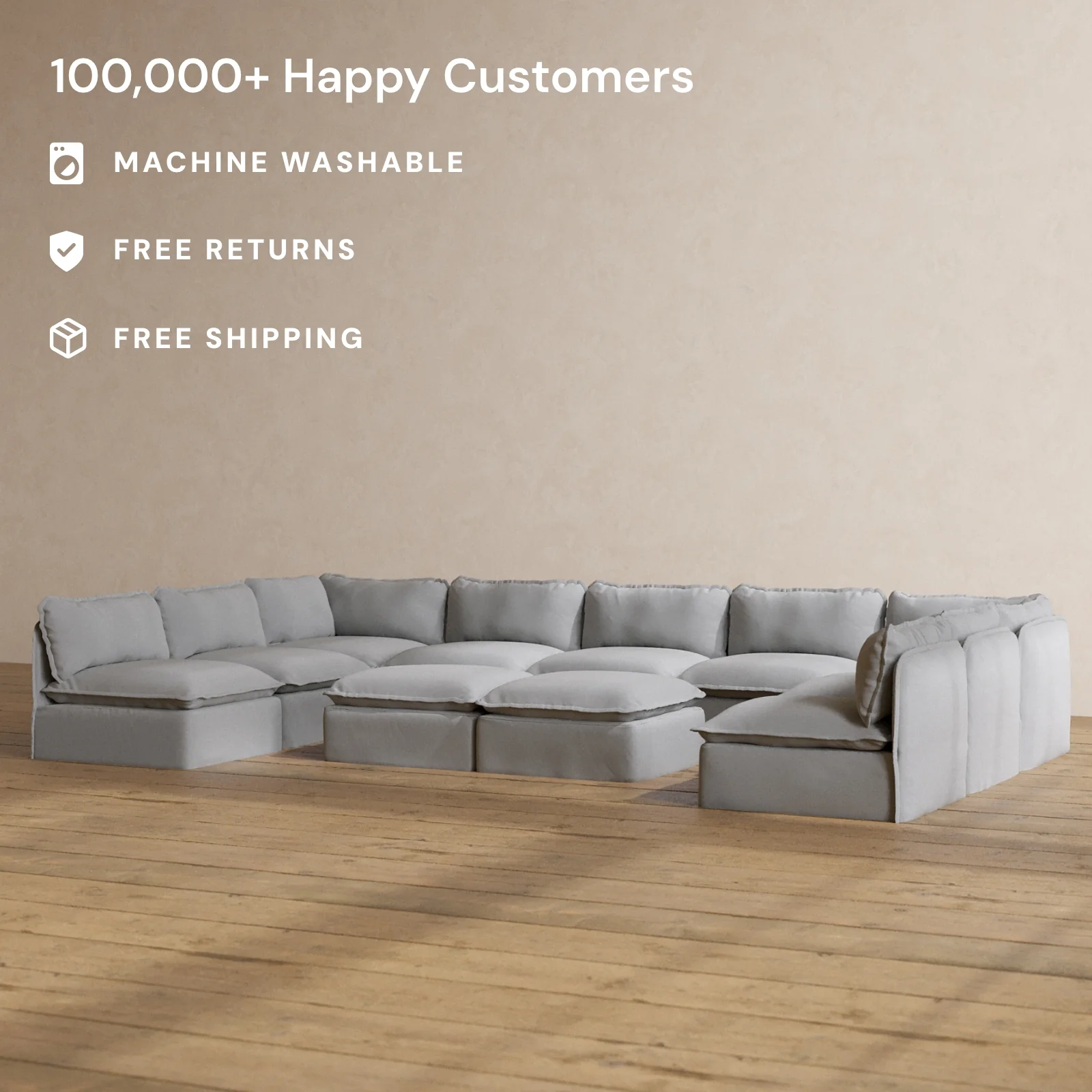 Modular Washable 9-Seater Open-Ends U-Sectional + Bench Ottoman in Pumice | Deluxe+ Seat | Cloud Pillow - Image 2