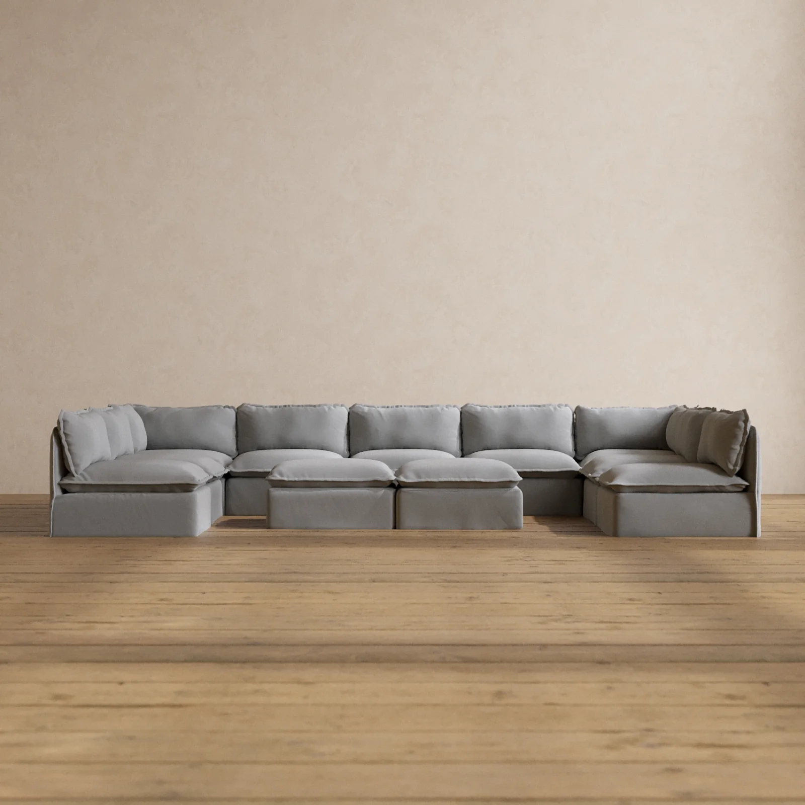 Modular Washable 9-Seater Open-Ends U-Sectional + Bench Ottoman in Pumice | Memorix+ Seat | Contour Pillow