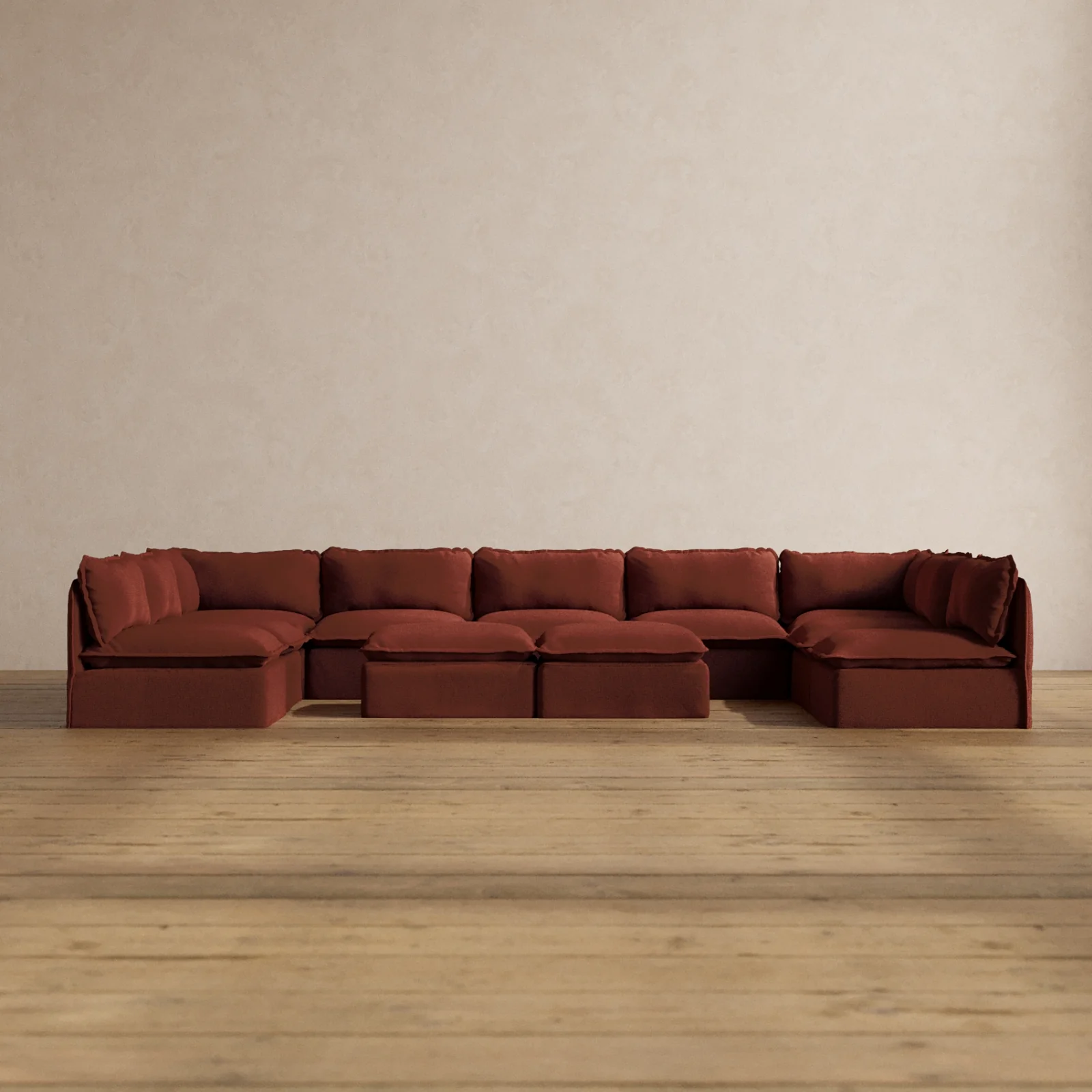 Modular Washable 9-Seater Open-Ends U-Sectional + Bench Ottoman in Rust | Deluxe+ Seat | Cloud Pillow