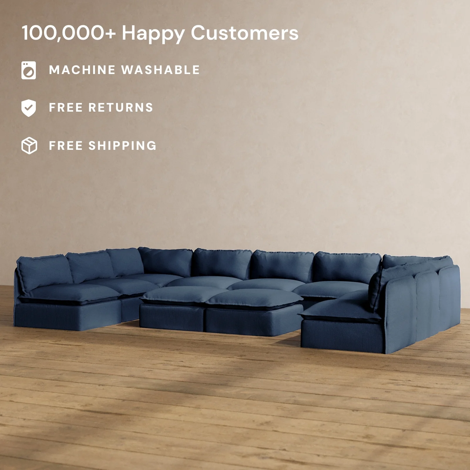 Modular Washable 9-Seater Open-Ends U-Sectional + Bench Ottoman in Sumi | Deluxe+ Seat | Cloud Pillow - Image 2