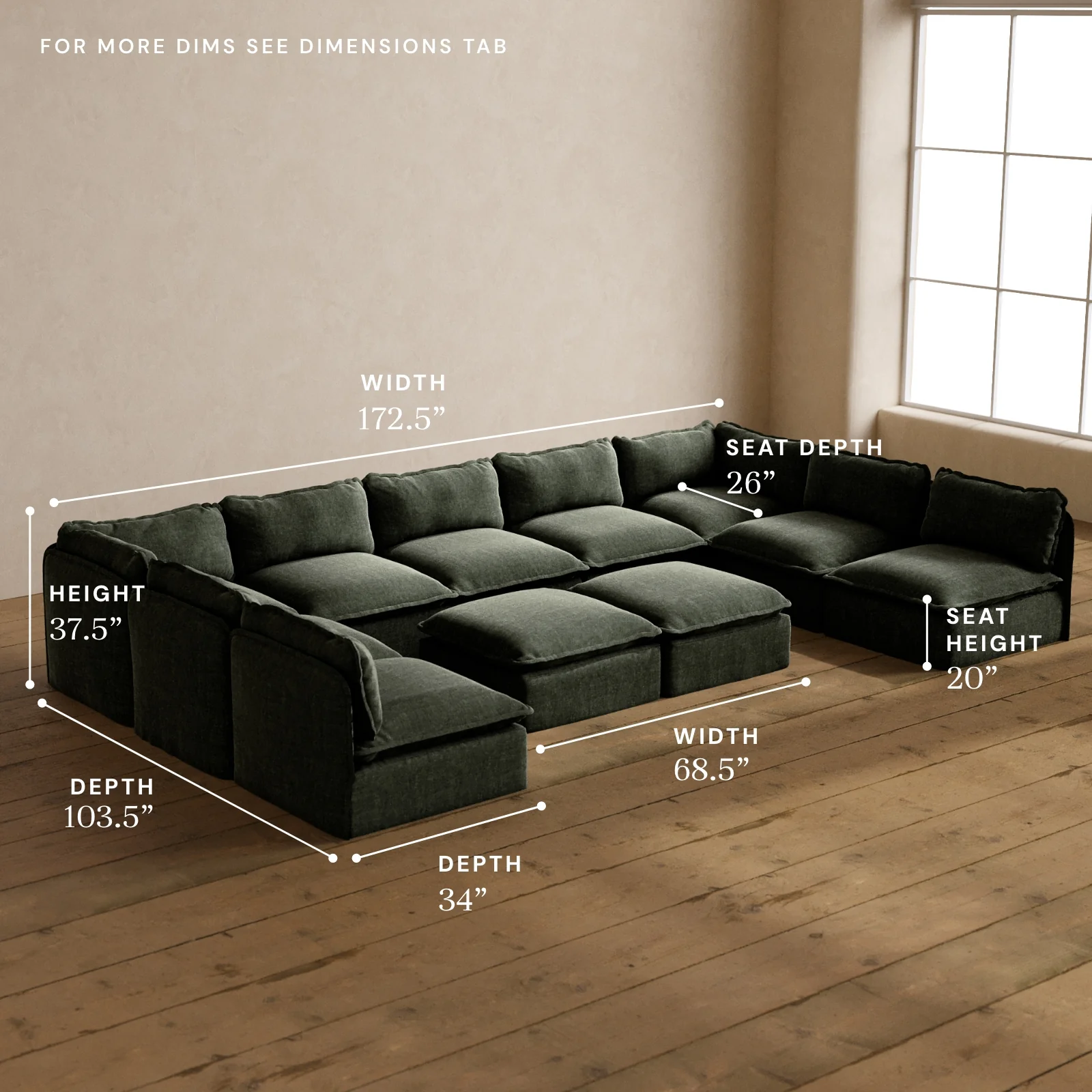 Modular Washable 9-Seater Open-Ends U-Sectional + Bench Ottoman in Willow | Memorix+ Seat | Contour Pillow - Image 5