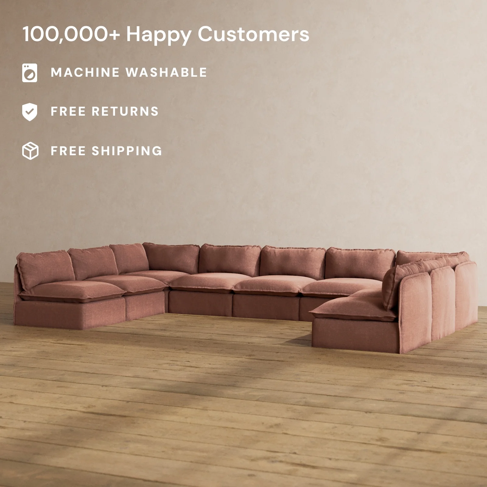 Modular Washable 9-Seater Open-Ends U-Sectional in Chestnut | Deluxe+ Seat | Cloud Pillow - Image 2