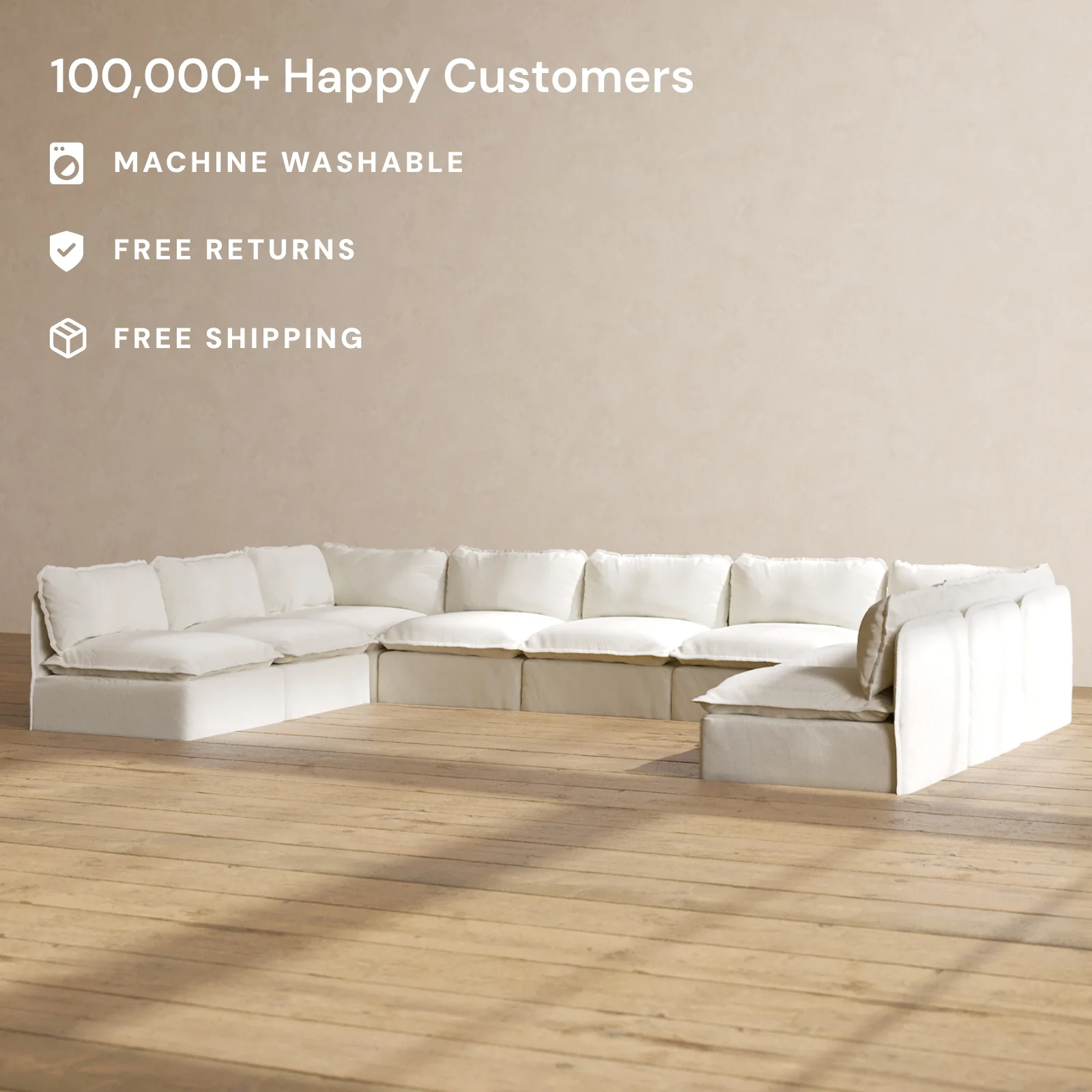 Modular Washable 9-Seater Open-Ends U-Sectional in Eggshell | Deluxe+ Seat | Cloud Pillow - Image 2