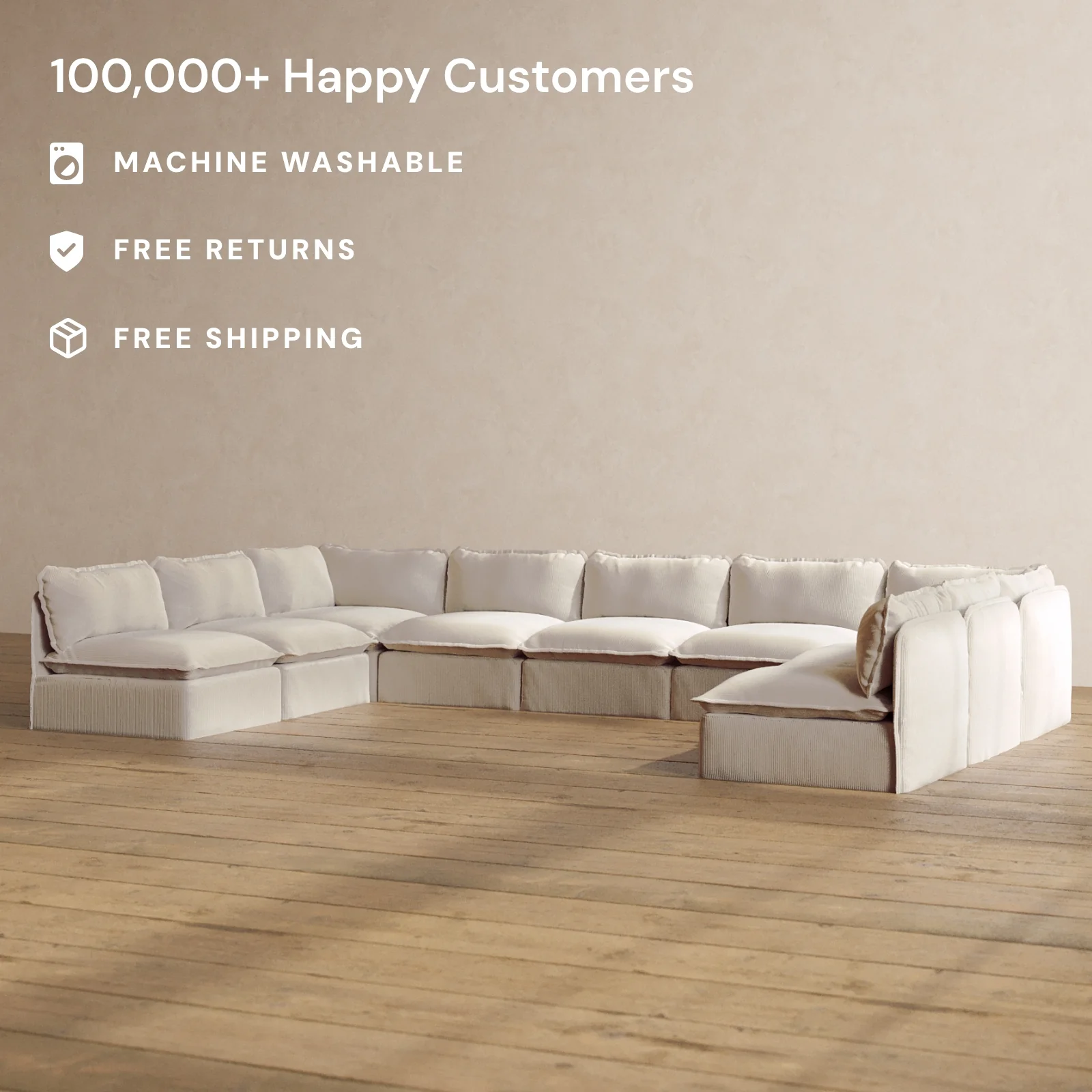 Modular Washable 9-Seater Open-Ends U-Sectional in Milk | Memorix+ Seat | Contour Pillow - Image 2