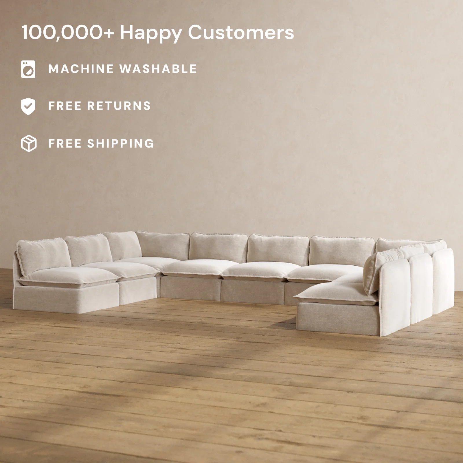 Modular Washable 9-Seater Open-Ends U-Sectional in Mist | Deluxe+ Seat | Cloud Pillow - Image 2
