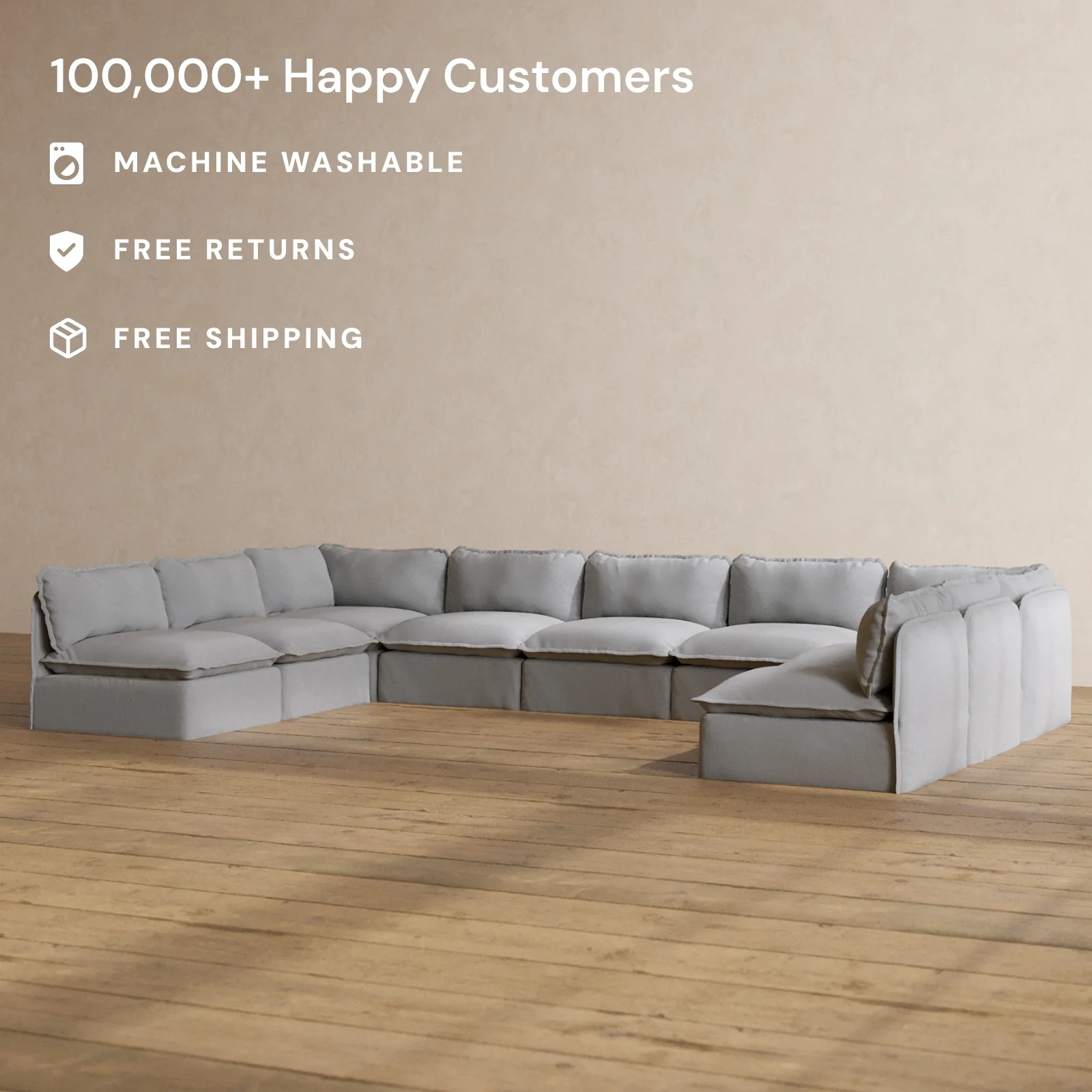 Modular Washable 9-Seater Open-Ends U-Sectional in Pumice | Deluxe+ Seat | Cloud Pillow - Image 2