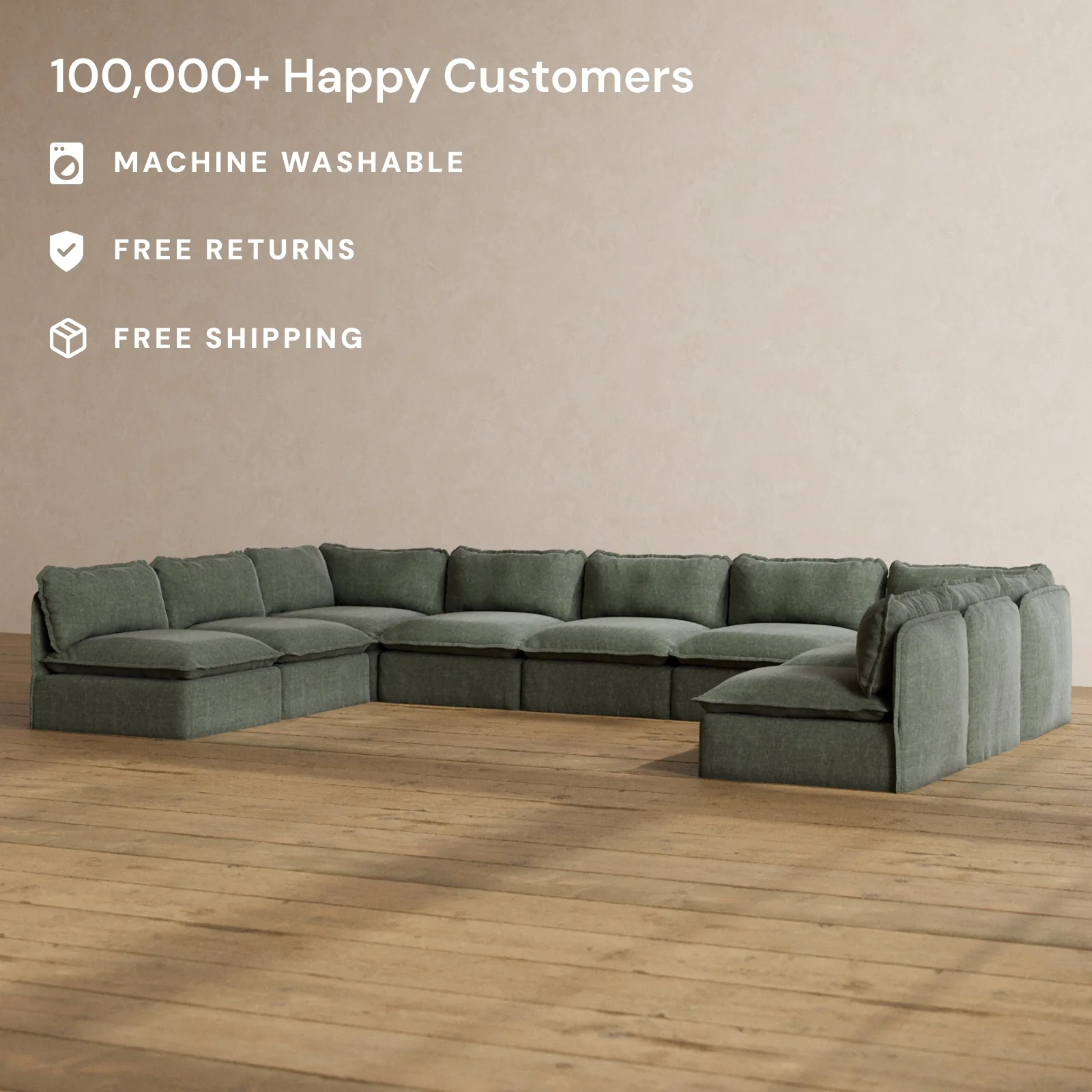Modular Washable 9-Seater Open-Ends U-Sectional in Willow | Memorix+ Seat | Contour Pillow - Image 2