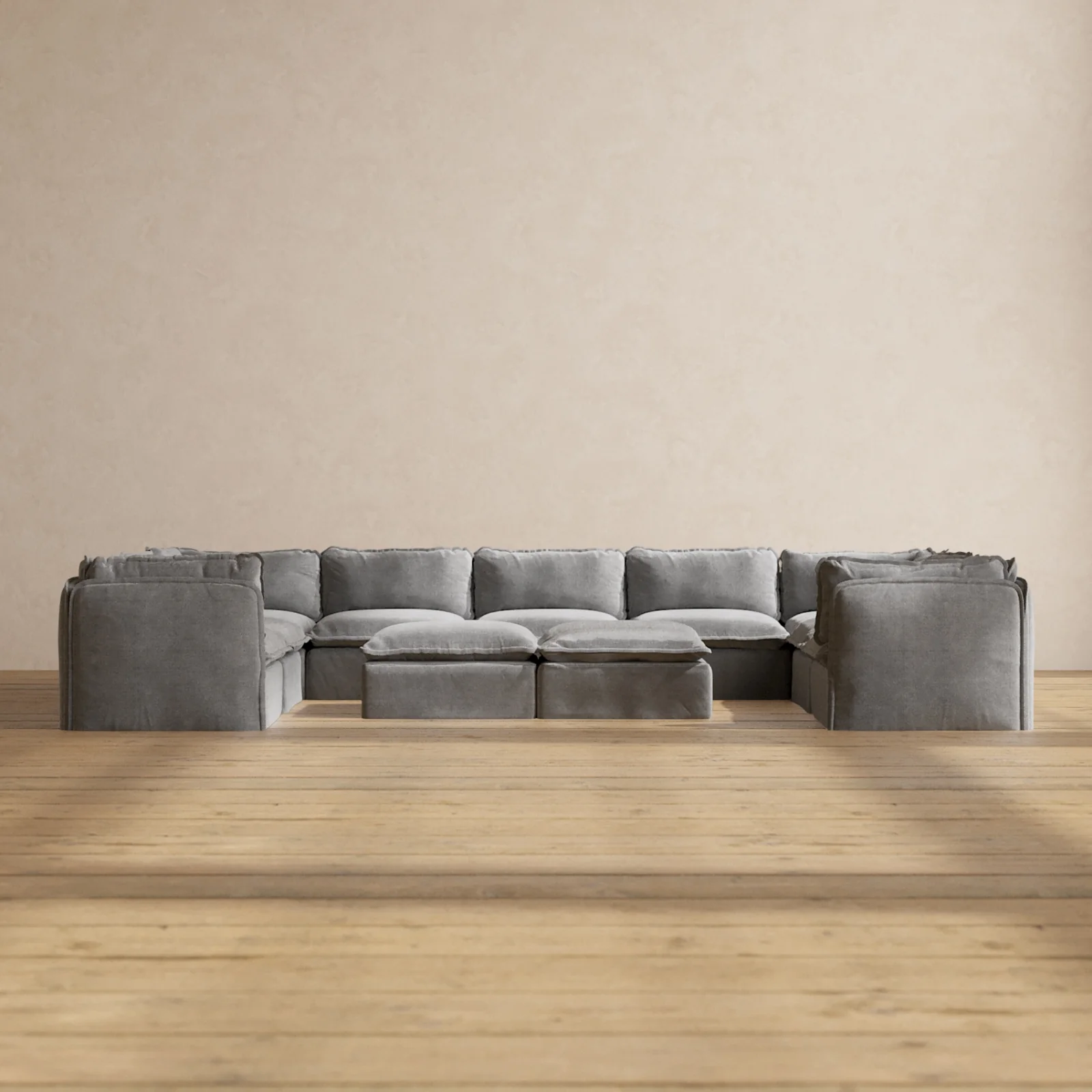Modular Washable 9-Seater U-Sectional + Bench Ottoman in Ash | Deluxe+ Seat | Cloud Pillow
