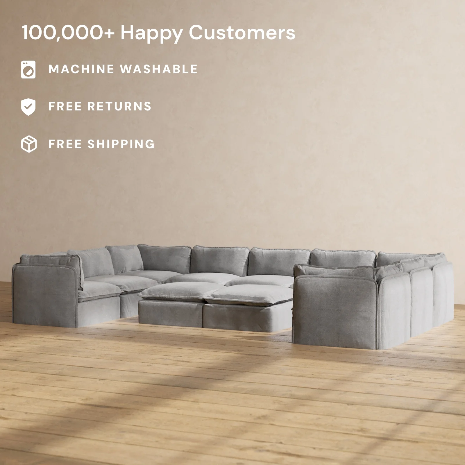Modular Washable 9-Seater U-Sectional + Bench Ottoman in Ash | Memorix+ Seat | Contour Pillow - Image 2