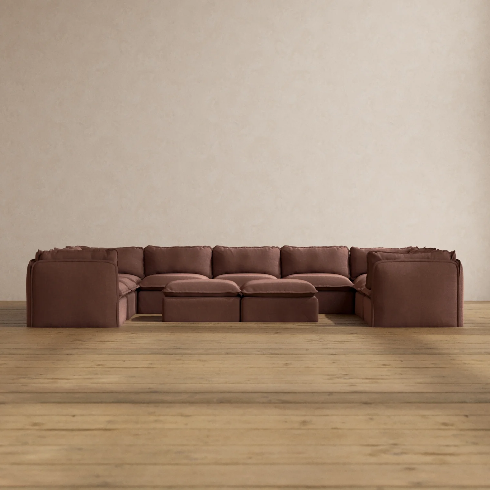 Modular Washable 9-Seater U-Sectional + Bench Ottoman in Chestnut | Memorix+ Seat | Contour Pillow