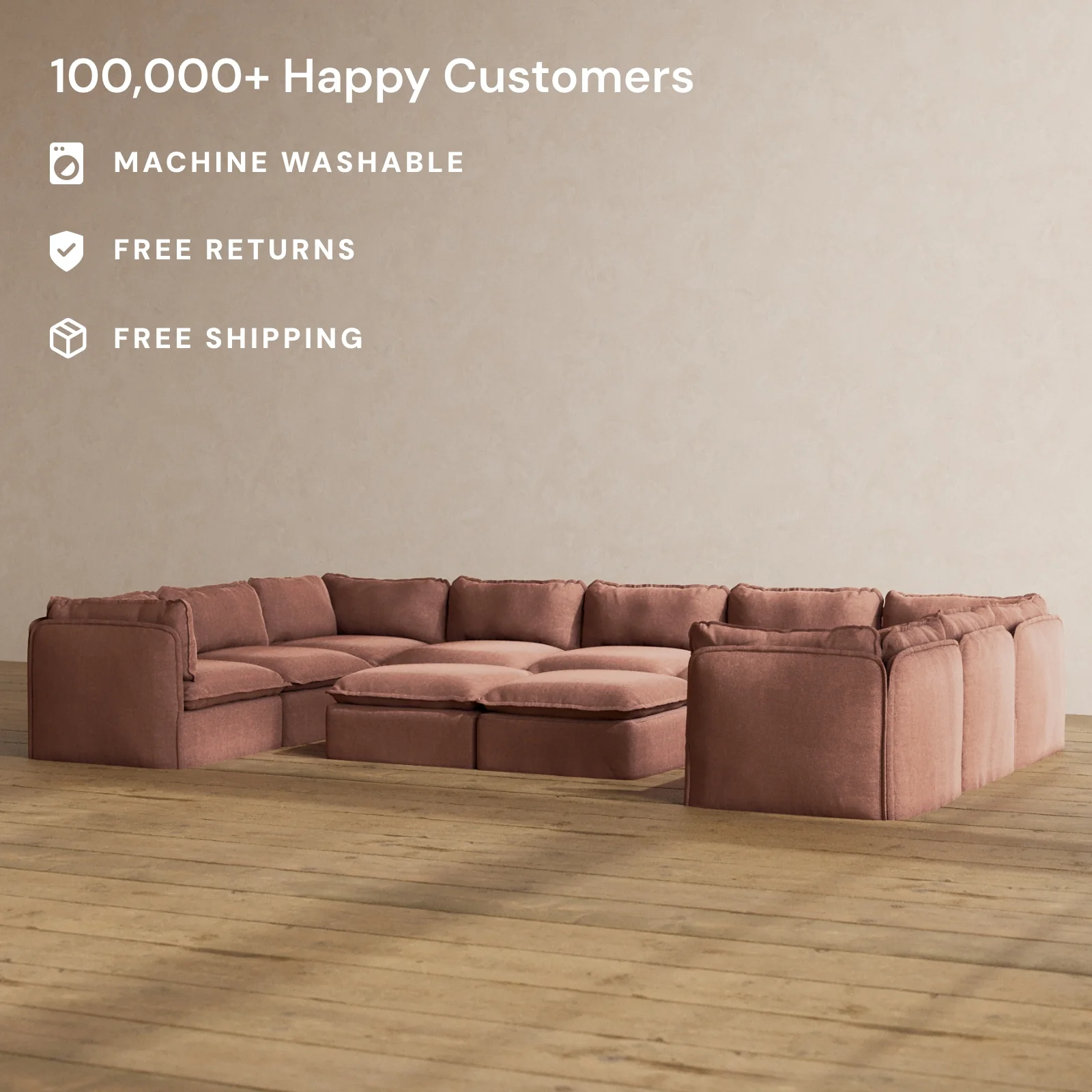 Modular Washable 9-Seater U-Sectional + Bench Ottoman in Chestnut | Memorix+ Seat | Contour Pillow - Image 2
