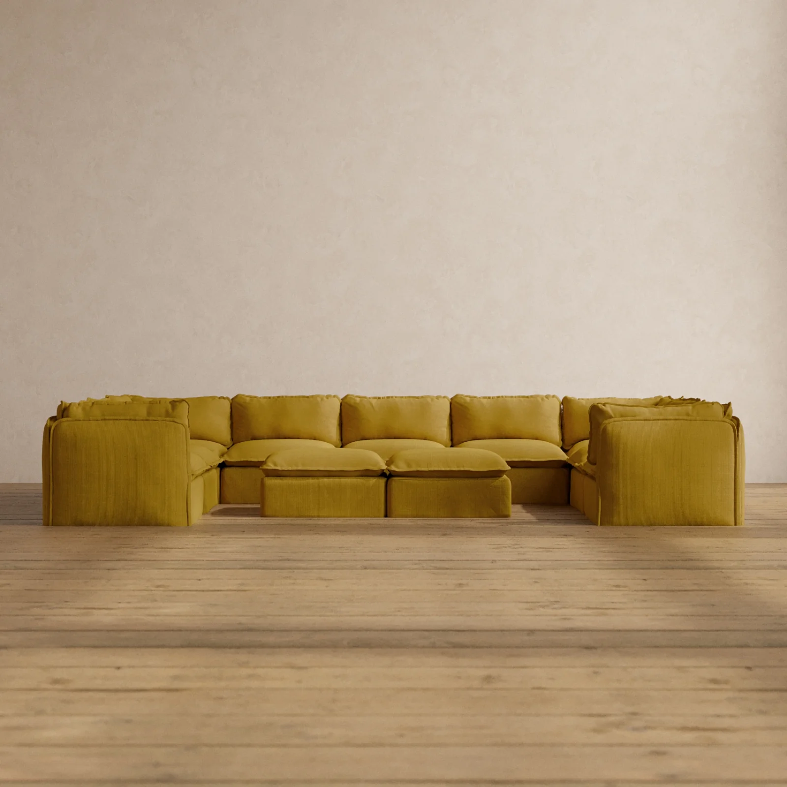 Modular Washable 9-Seater U-Sectional + Bench Ottoman in Kiiro | Memorix+ Seat | Contour Pillow