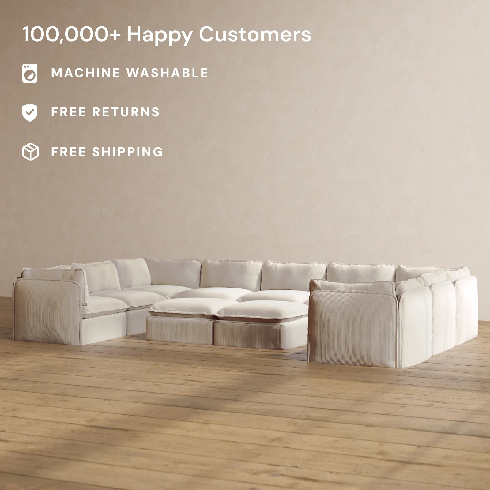 Modular Washable 9-Seater U-Sectional + Bench Ottoman in Milk | Deluxe+ Seat | Cloud Pillow - Image 2