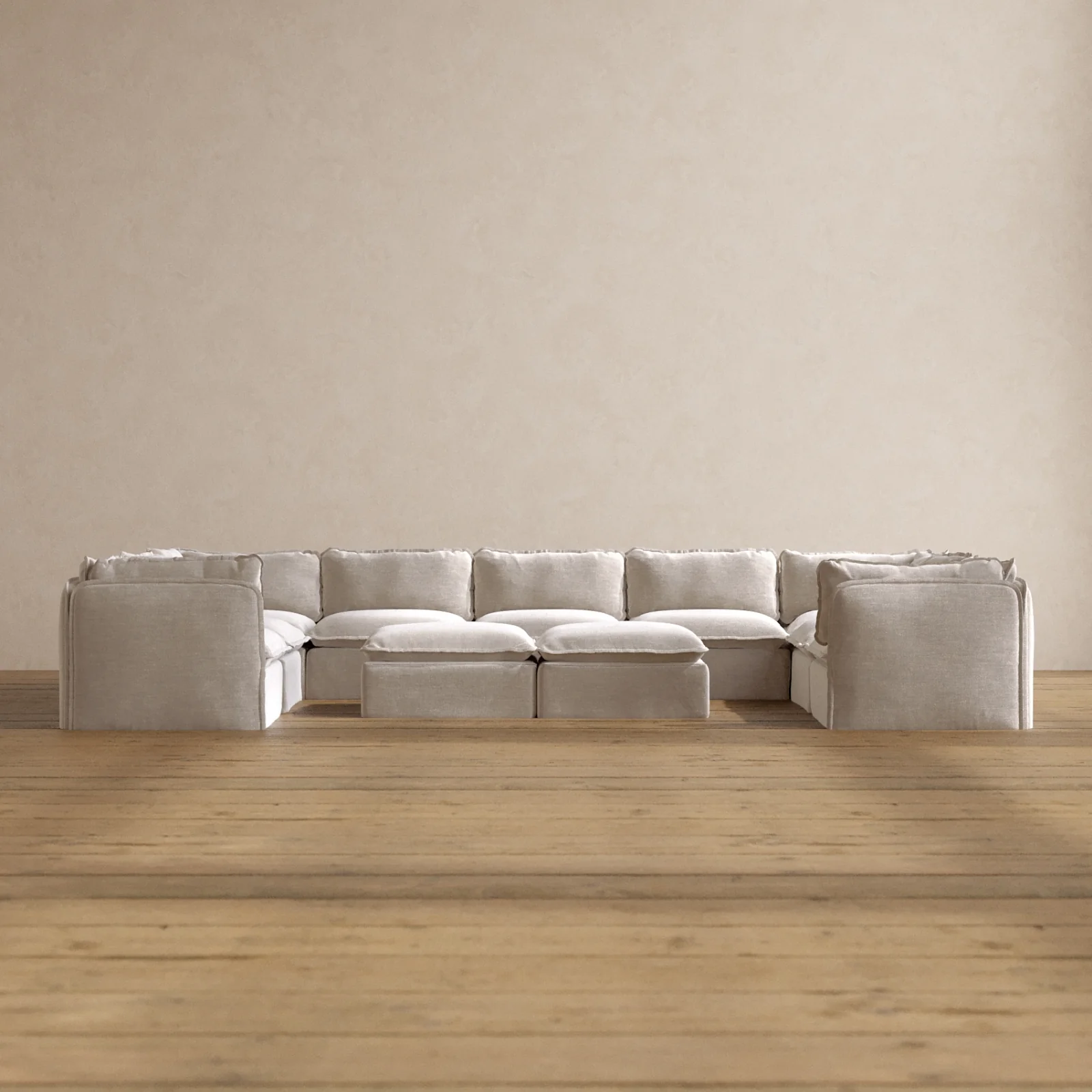 Modular Washable 9-Seater U-Sectional + Bench Ottoman in Mist | Deluxe+ Seat | Cloud Pillow