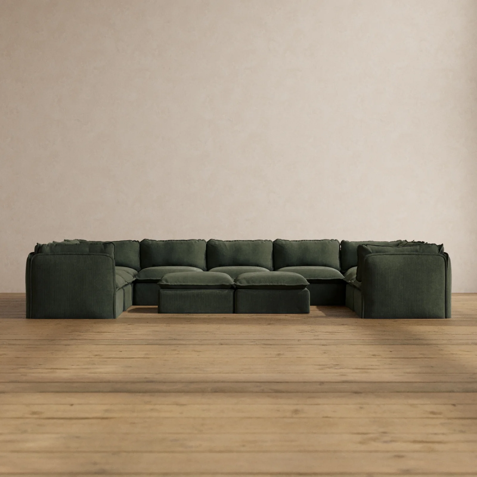 Modular Washable 9-Seater U-Sectional + Bench Ottoman in Olivine | Deluxe+ Seat | Cloud Pillow
