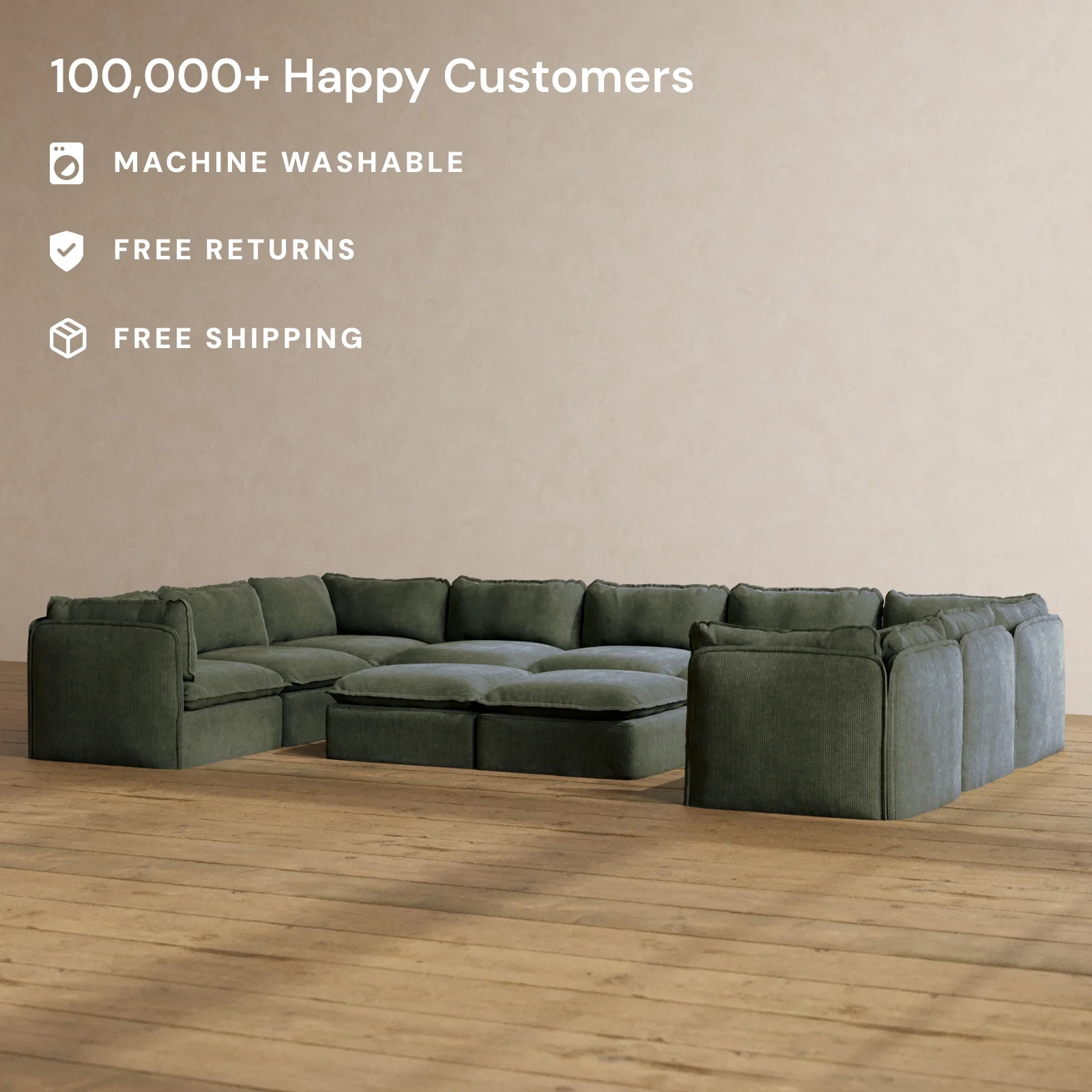 Modular Washable 9-Seater U-Sectional + Bench Ottoman in Olivine | Memorix+ Seat | Contour Pillow - Image 2