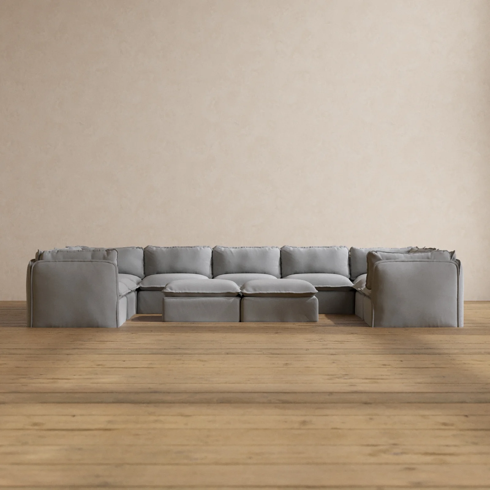 Modular Washable 9-Seater U-Sectional + Bench Ottoman in Pumice | Memorix+ Seat | Contour Pillow