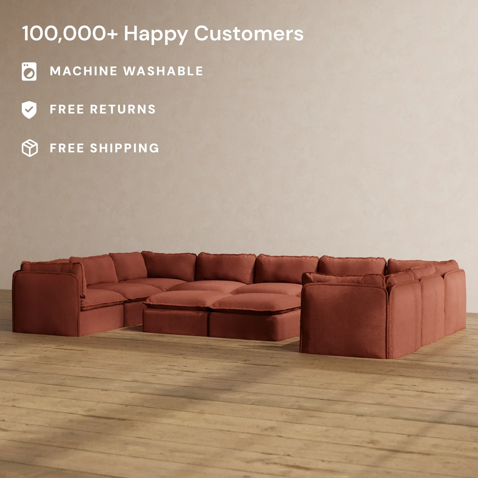 Modular Washable 9-Seater U-Sectional + Bench Ottoman in Rust | Memorix+ Seat | Contour Pillow - Image 2