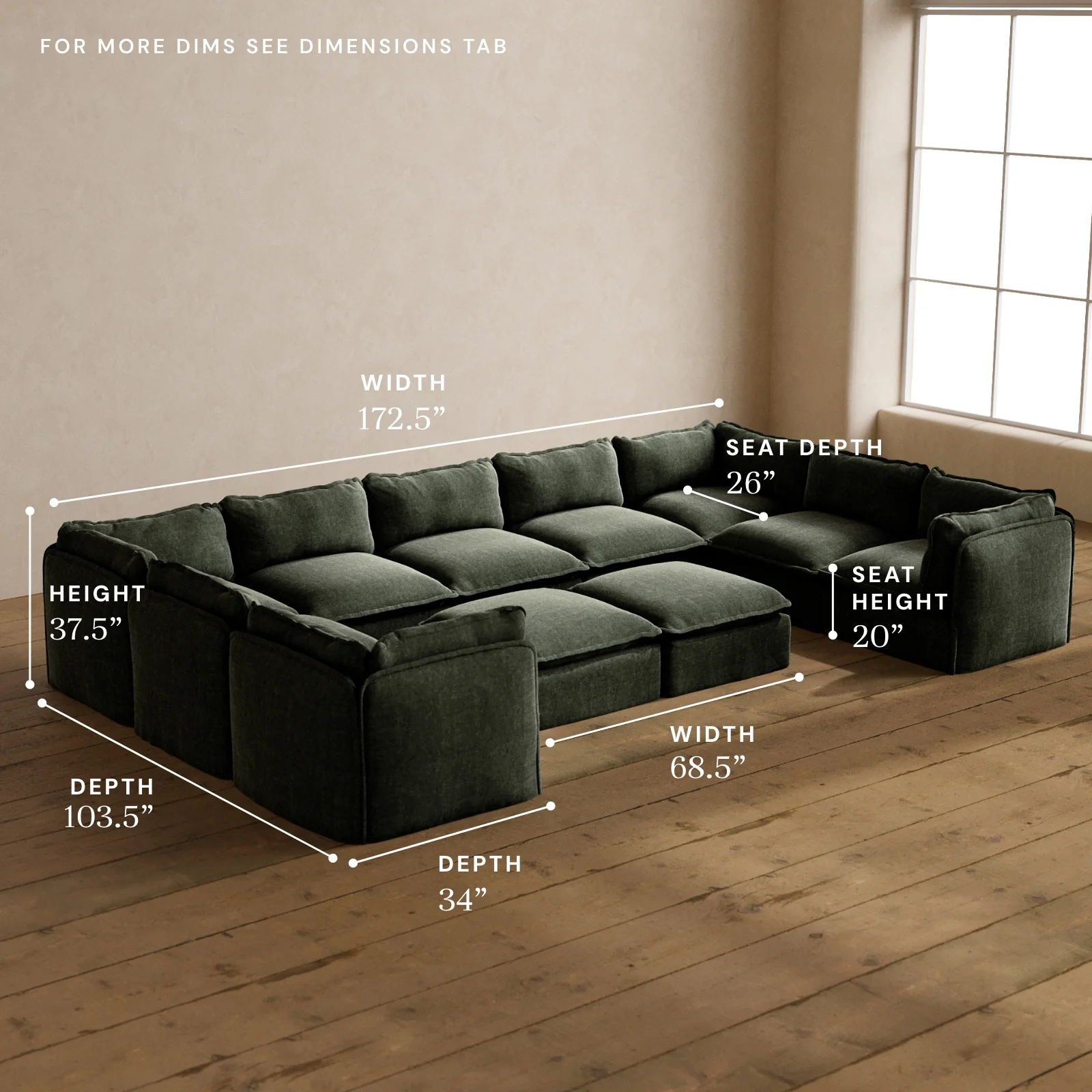 Modular Washable 9-Seater U-Sectional + Bench Ottoman in Willow | Deluxe+ Seat | Cloud Pillow - Image 5