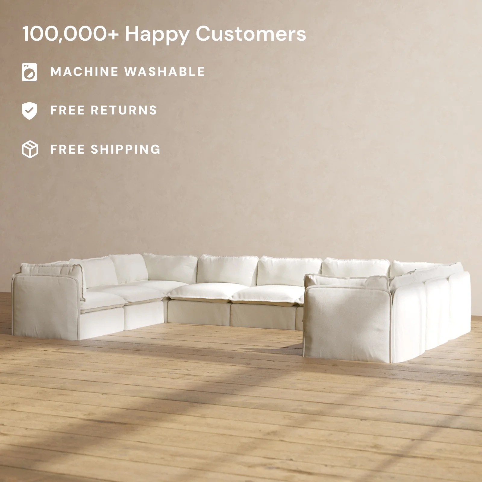 Modular Washable 9-Seater U-Sectional in Eggshell | Memorix+ Seat | Contour Pillow - Image 2