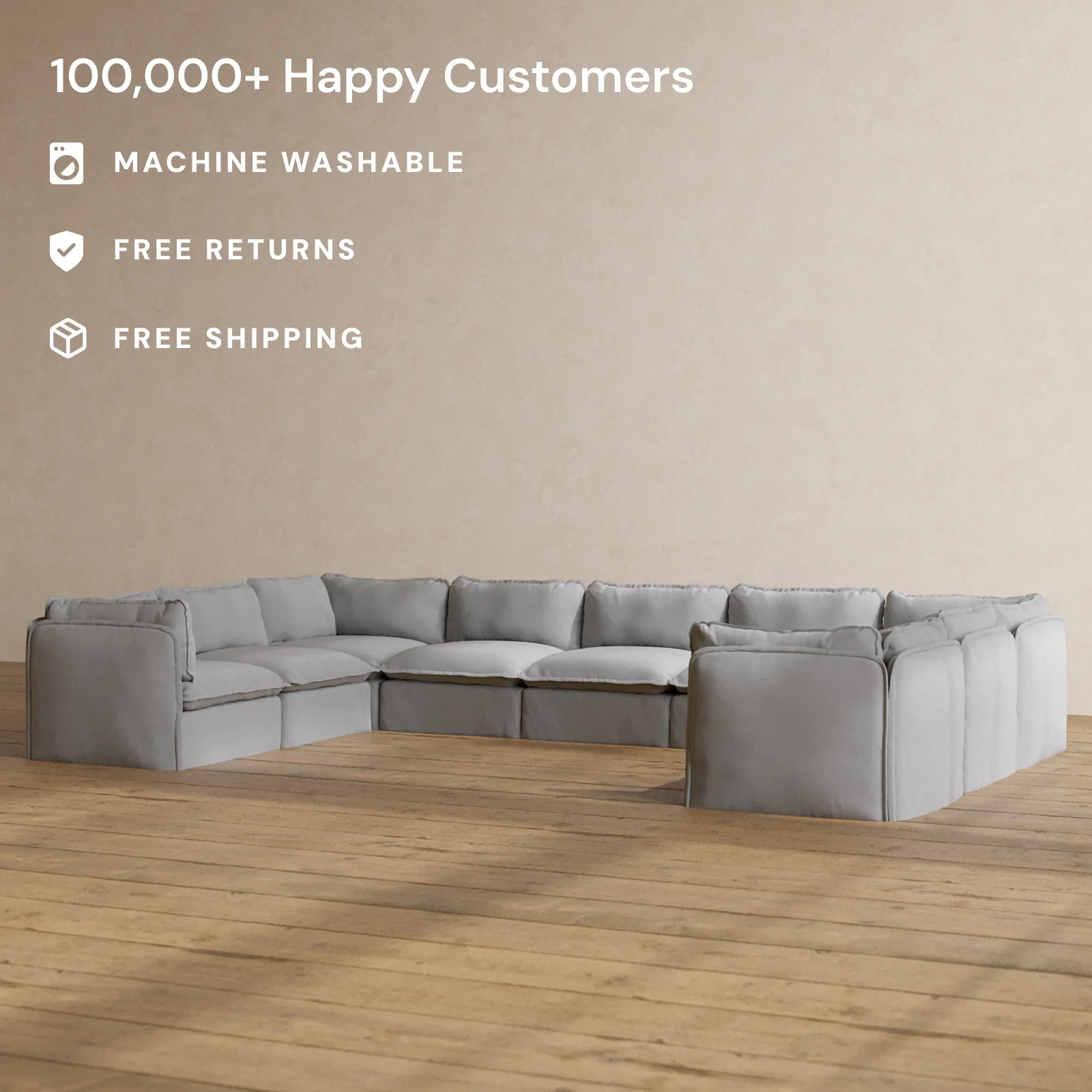 Modular Washable 9-Seater U-Sectional in Pumice | Deluxe+ Seat | Cloud Pillow - Image 2