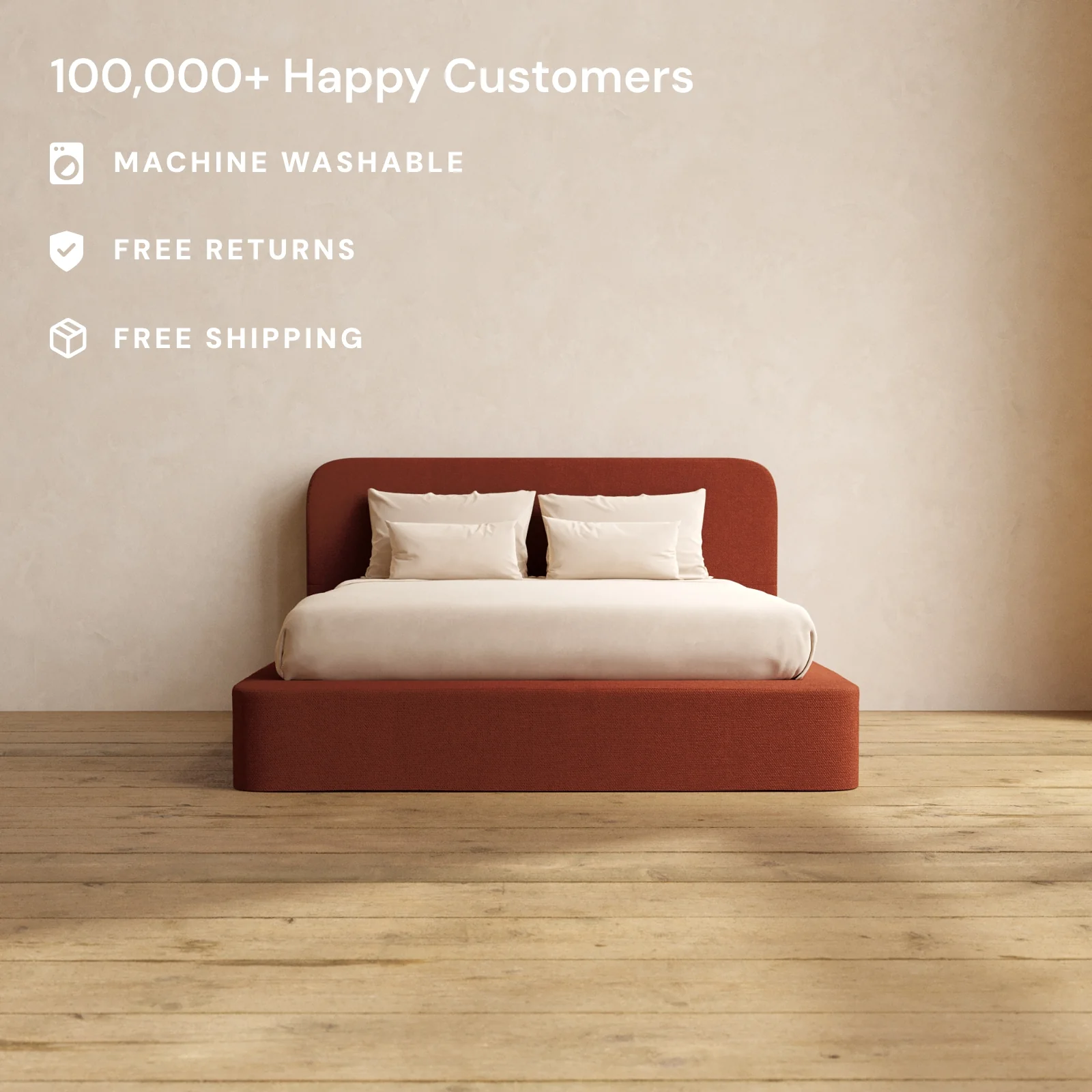 Queen Upholstered Platform Bed + Headboard | Knit Velvet in Rust - Image 2