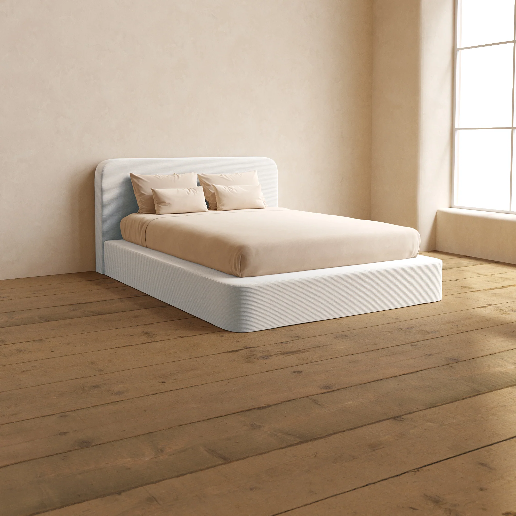 Queen Upholstered Platform Bed + Headboard | Luxe Corduroy in Milk