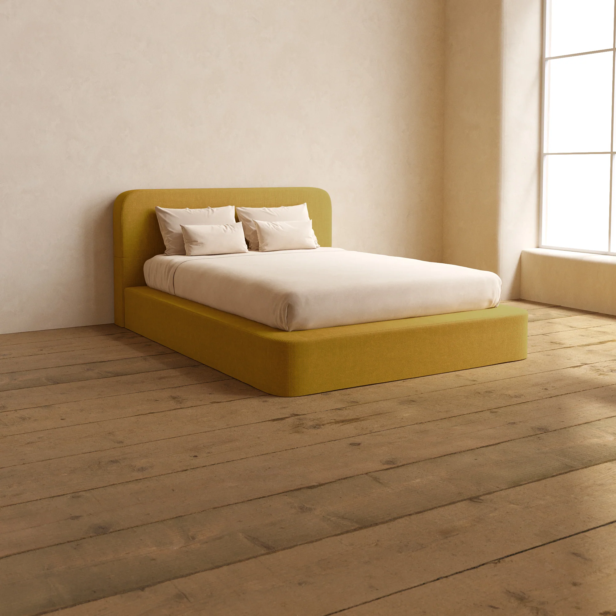 Queen Upholstered Platform Bed + Headboard | Mizu Weave in Kiiro