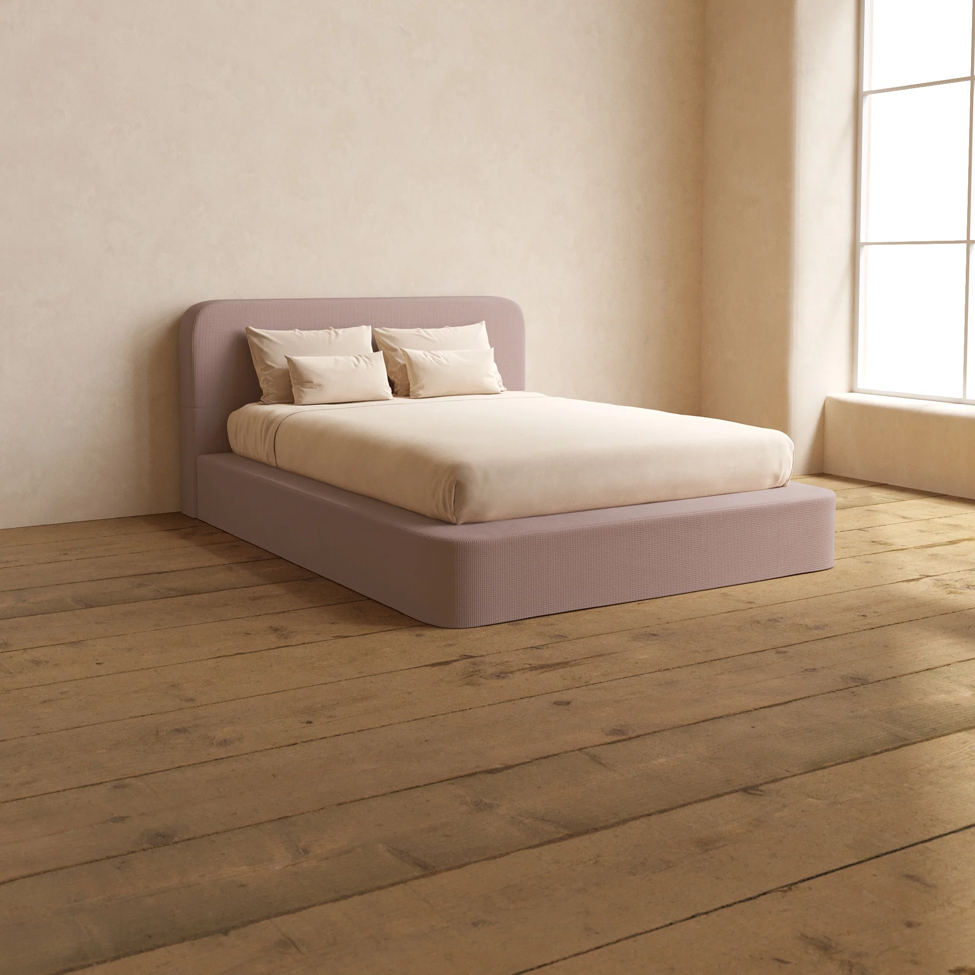 Queen Upholstered Platform Bed + Headboard | Mizu Weave in Sakura
