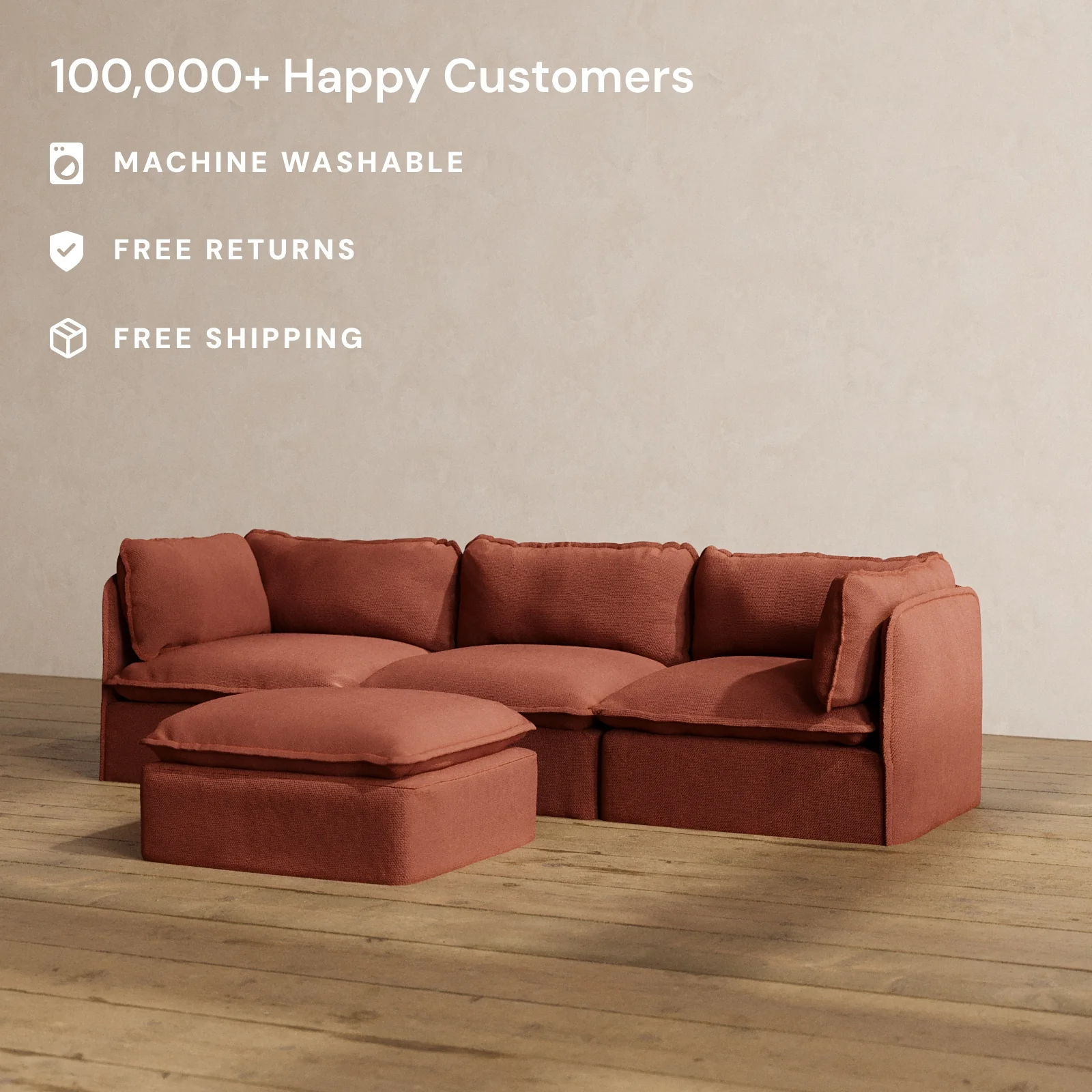 Slipcover Only - Modular Washable 3-Seater + Ottoman in Rust - Image 2