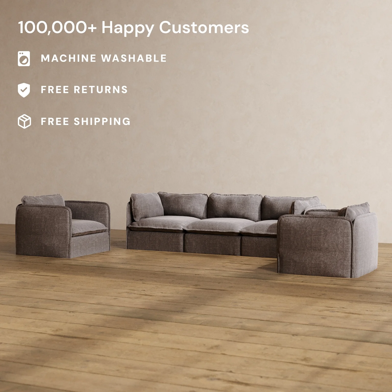 Slipcover Only - Modular Washable 3-Seater Sofa + Armchair Set in Caviar - Image 2