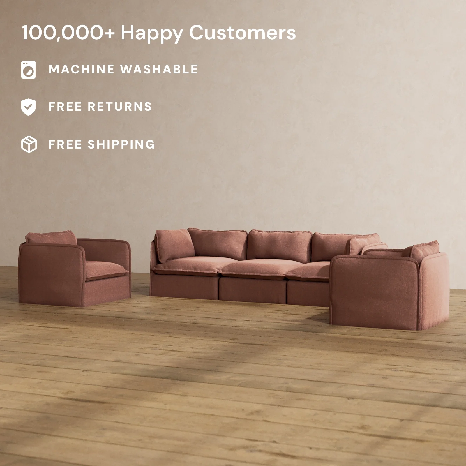 Slipcover Only - Modular Washable 3-Seater Sofa + Armchair Set in Chestnut - Image 2