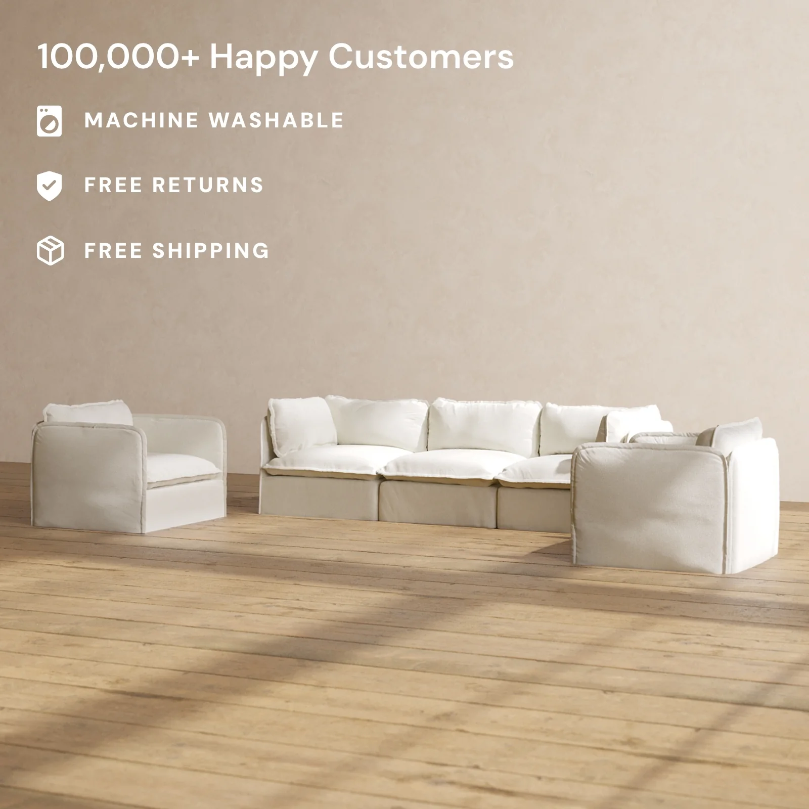 Slipcover Only - Modular Washable 3-Seater Sofa + Armchair Set in Eggshell - Image 2