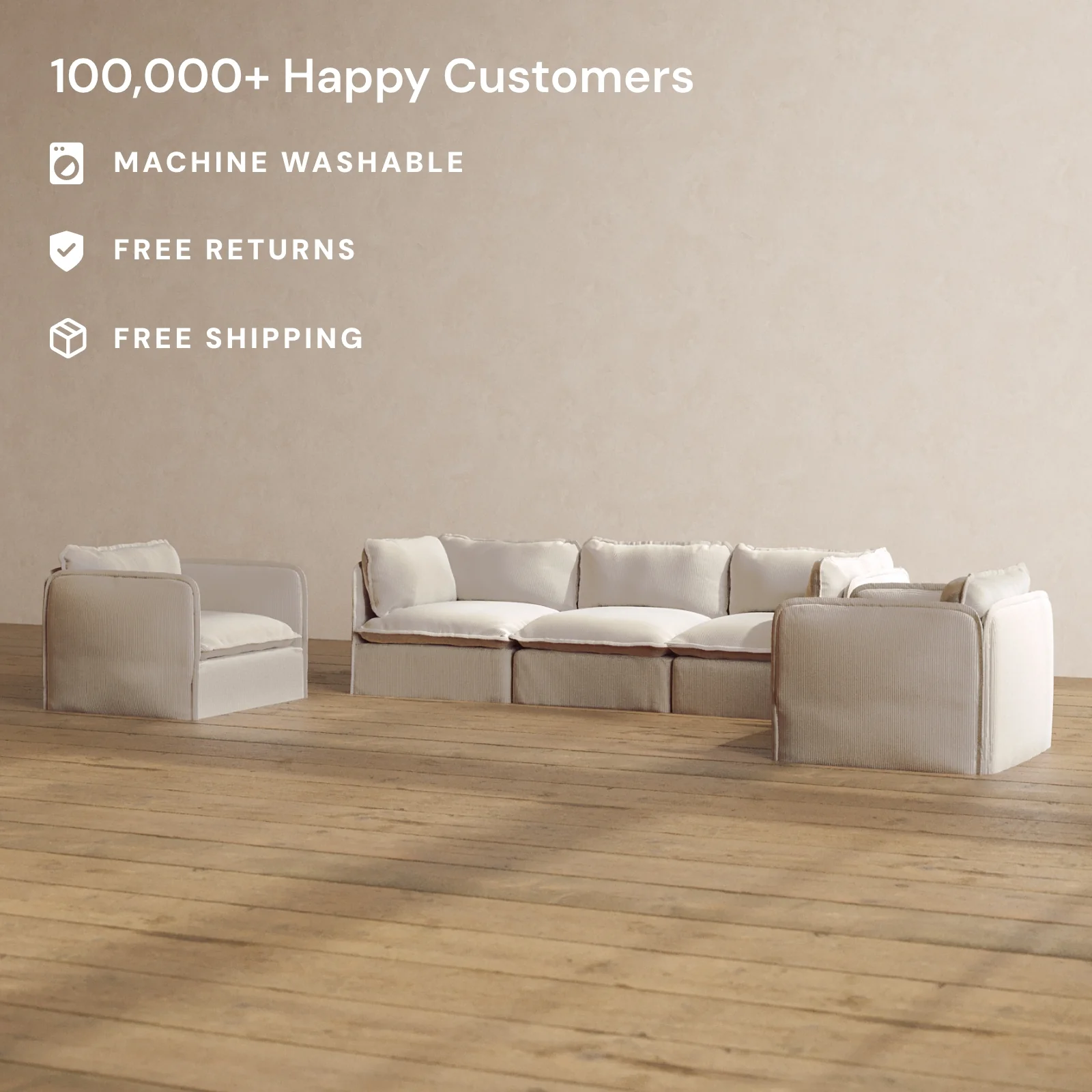 Slipcover Only - Modular Washable 3-Seater Sofa + Armchair Set in Milk - Image 2