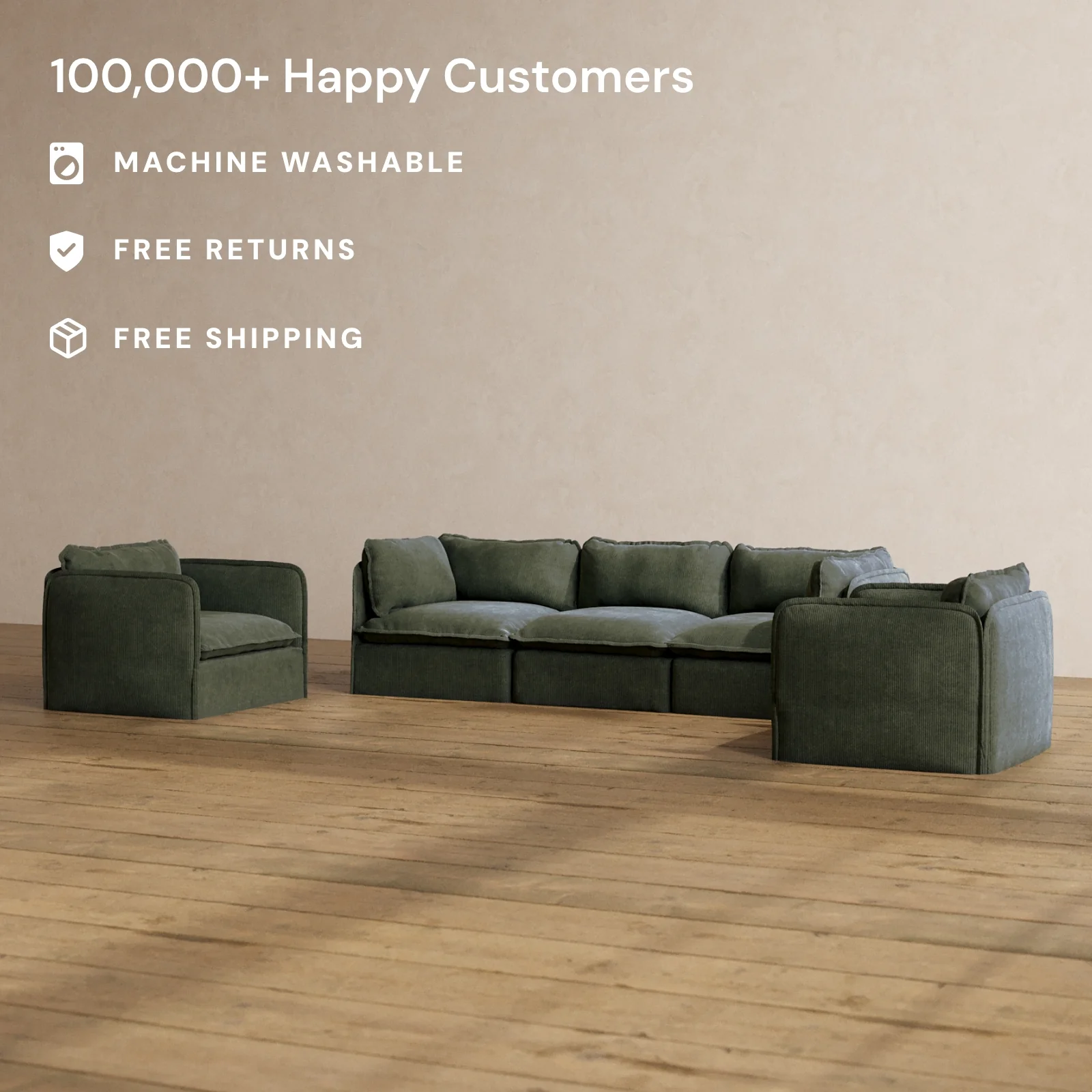 Slipcover Only - Modular Washable 3-Seater Sofa + Armchair Set in Olivine - Image 2