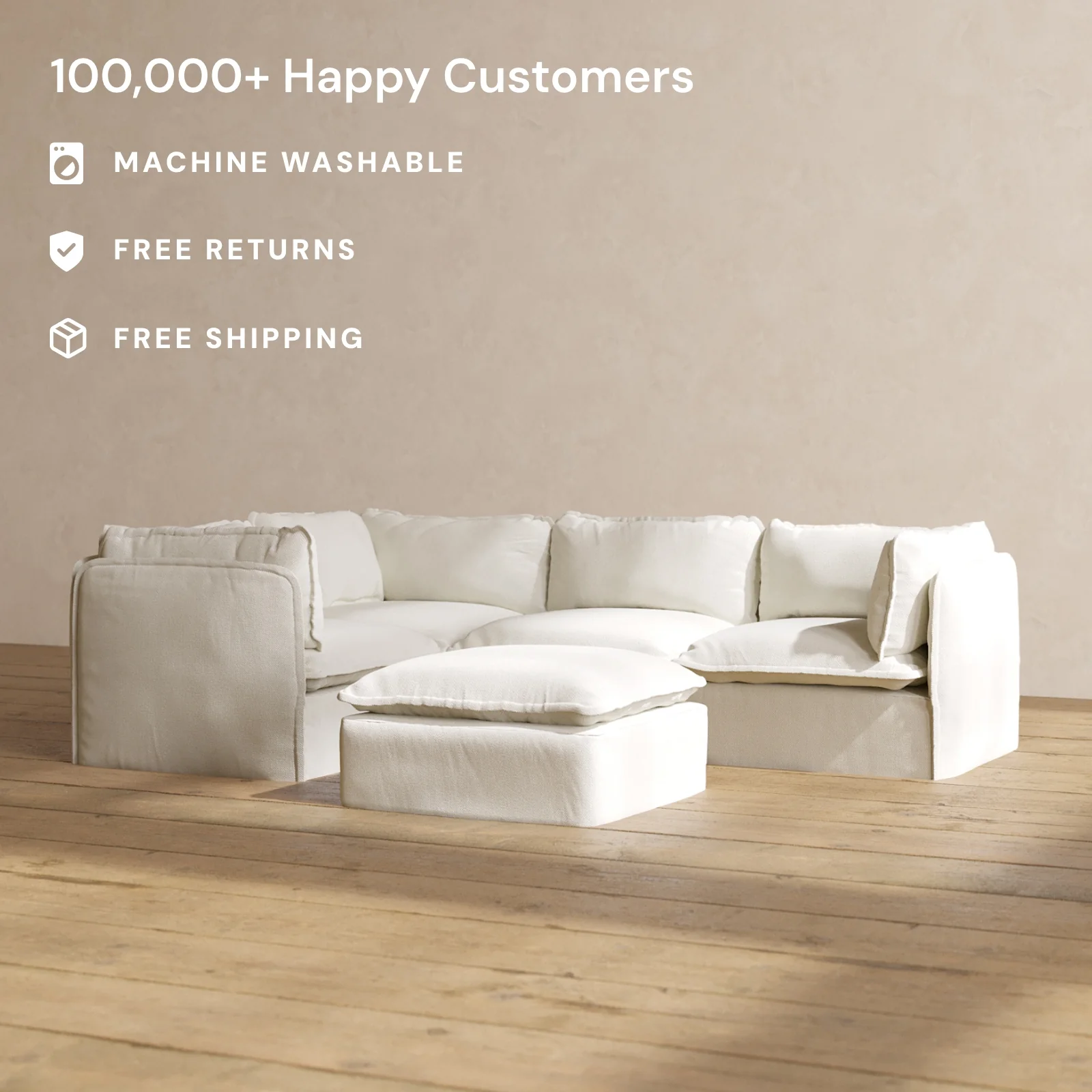 Slipcover Only - Modular Washable 4-Seater Corner Sectional + Ottoman in Eggshell - Image 2