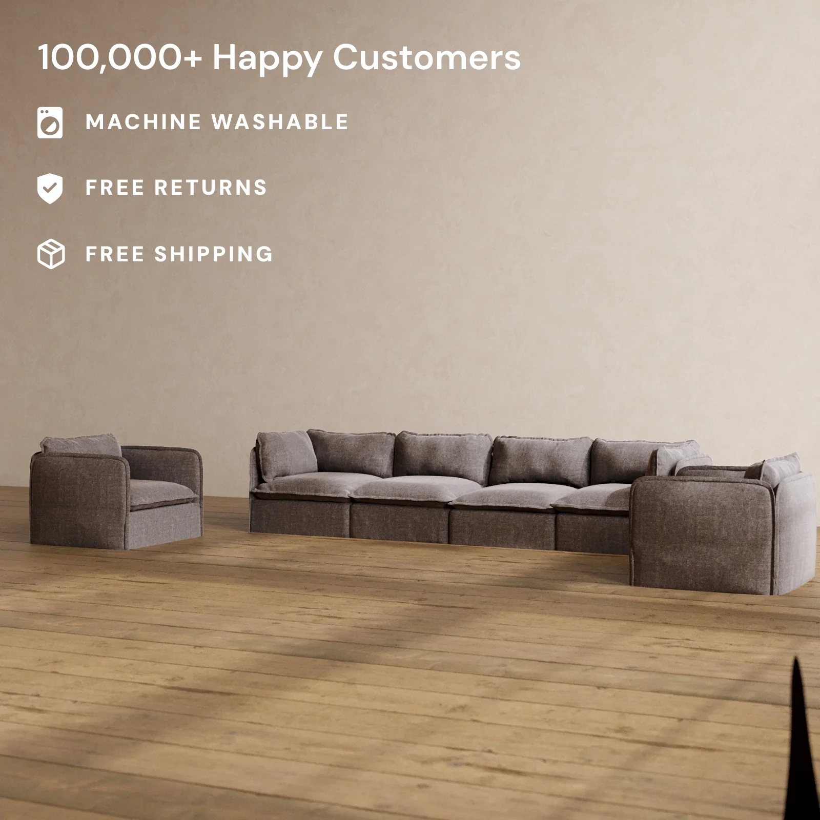 Slipcover Only - Modular Washable 4-Seater Sofa + Armchair Set in Caviar - Image 2
