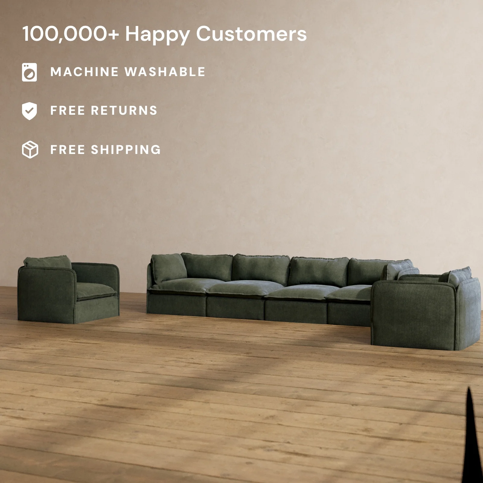 Slipcover Only - Modular Washable 4-Seater Sofa + Armchair Set in Olivine - Image 2