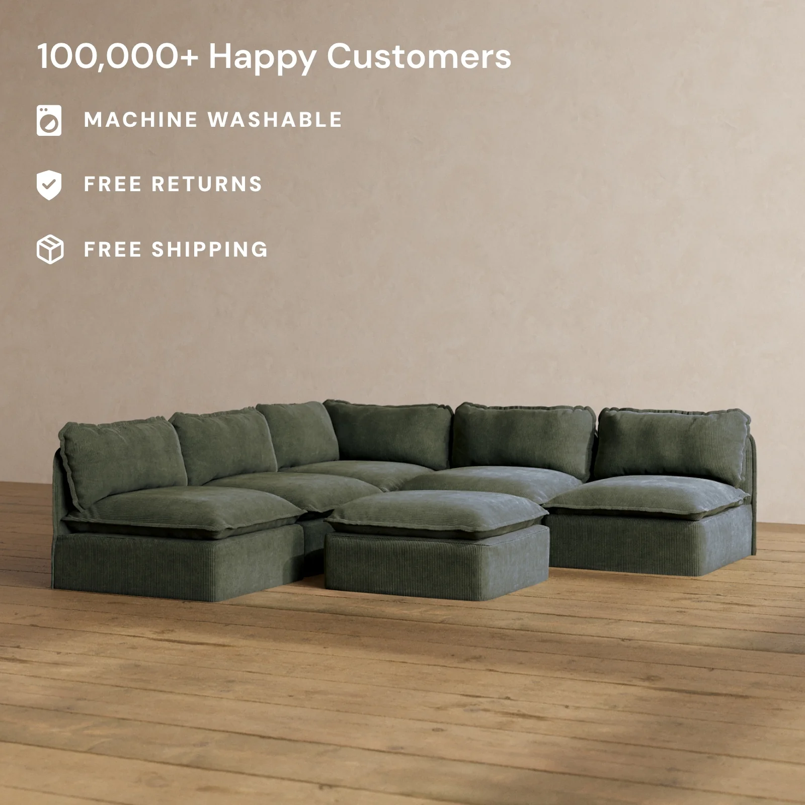 Slipcover Only - Modular Washable 5-Seater Open-Ends Corner Sectional + Ottoman in Olivine - Image 2