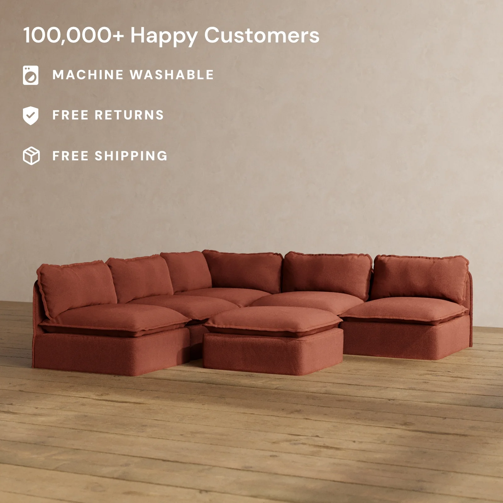 Slipcover Only - Modular Washable 5-Seater Open-Ends Corner Sectional + Ottoman in Rust - Image 2