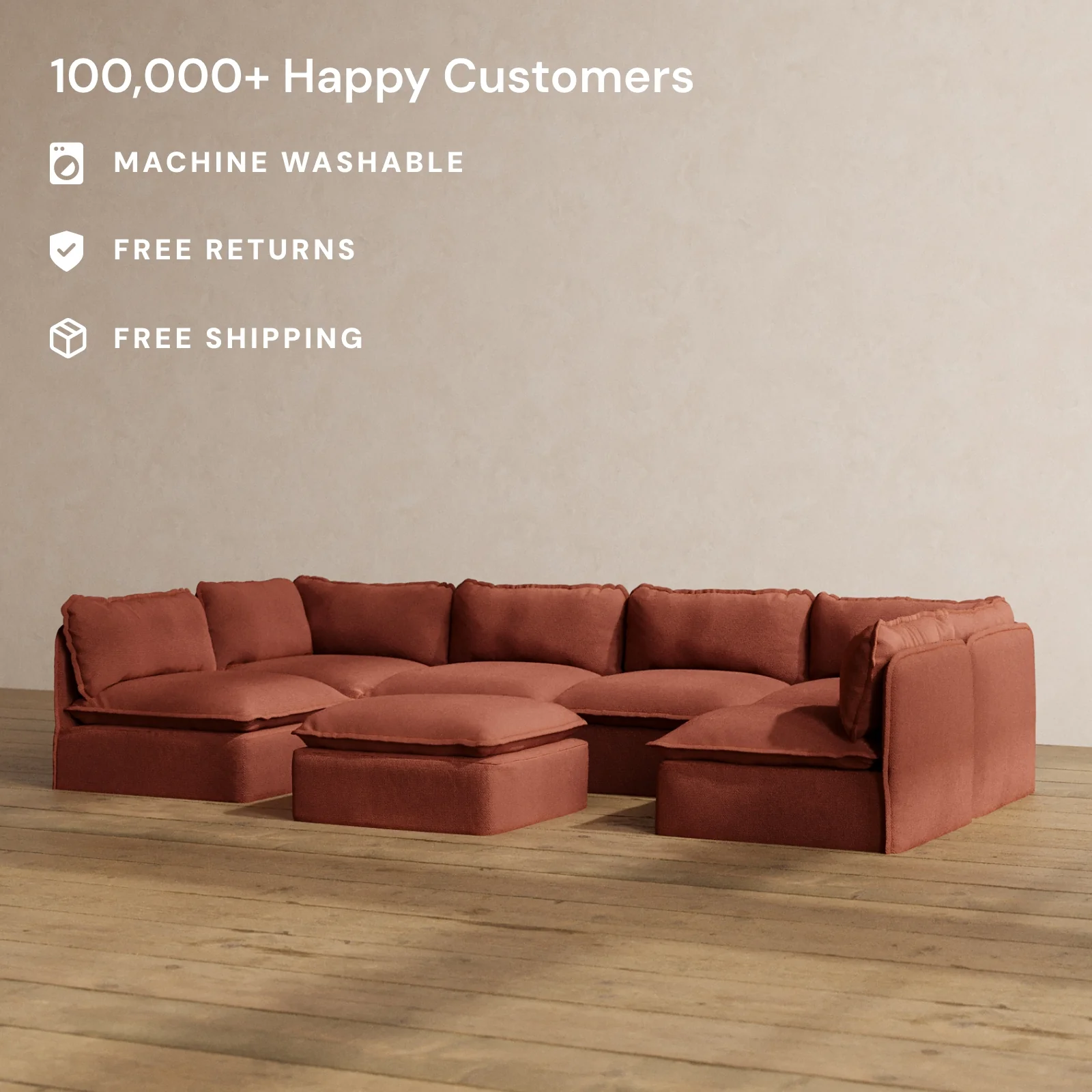Slipcover Only - Modular Washable 6-Seater Open-Ends U-Sectional + Ottoman in Rust - Image 2