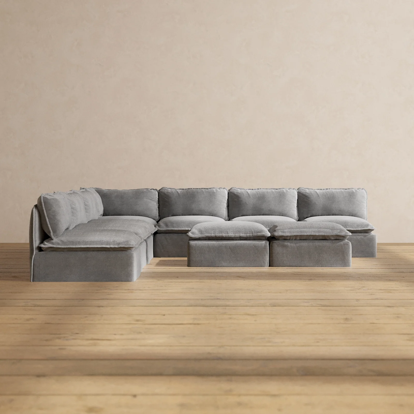 Slipcover Only - Modular Washable 7-Seater Open-Ends Corner Sectional + Bench Ottoman in Ash