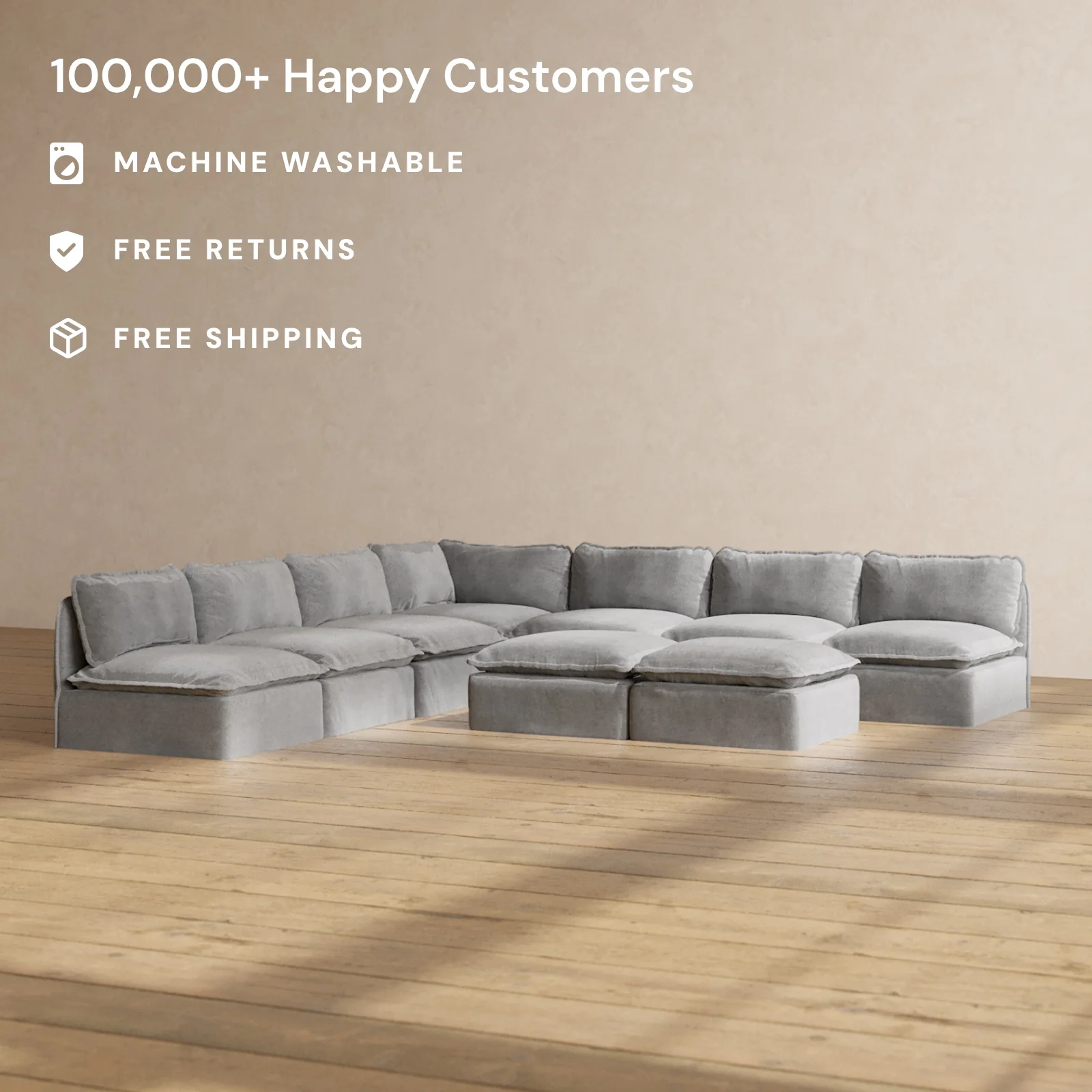 Slipcover Only - Modular Washable 7-Seater Open-Ends Corner Sectional + Bench Ottoman in Ash - Image 2