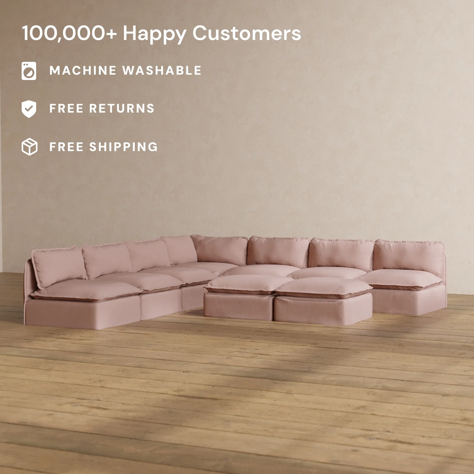 Slipcover Only - Modular Washable 7-Seater Open-Ends Corner Sectional + Bench Ottoman in Sakura - Image 2