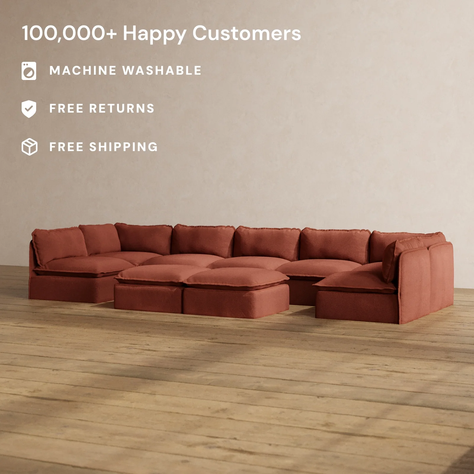 Slipcover Only - Modular Washable 7-Seater Open-Ends U-Sectional + Bench Ottoman in Rust - Image 2