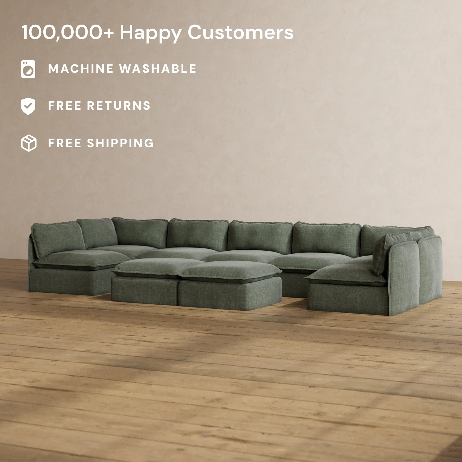 Slipcover Only - Modular Washable 7-Seater Open-Ends U-Sectional + Bench Ottoman in Willow - Image 2