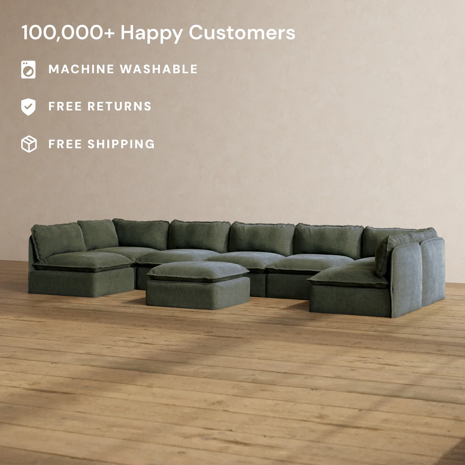 Slipcover Only - Modular Washable 7-Seater Open-Ends U-Sectional + Ottoman in Olivine - Image 2