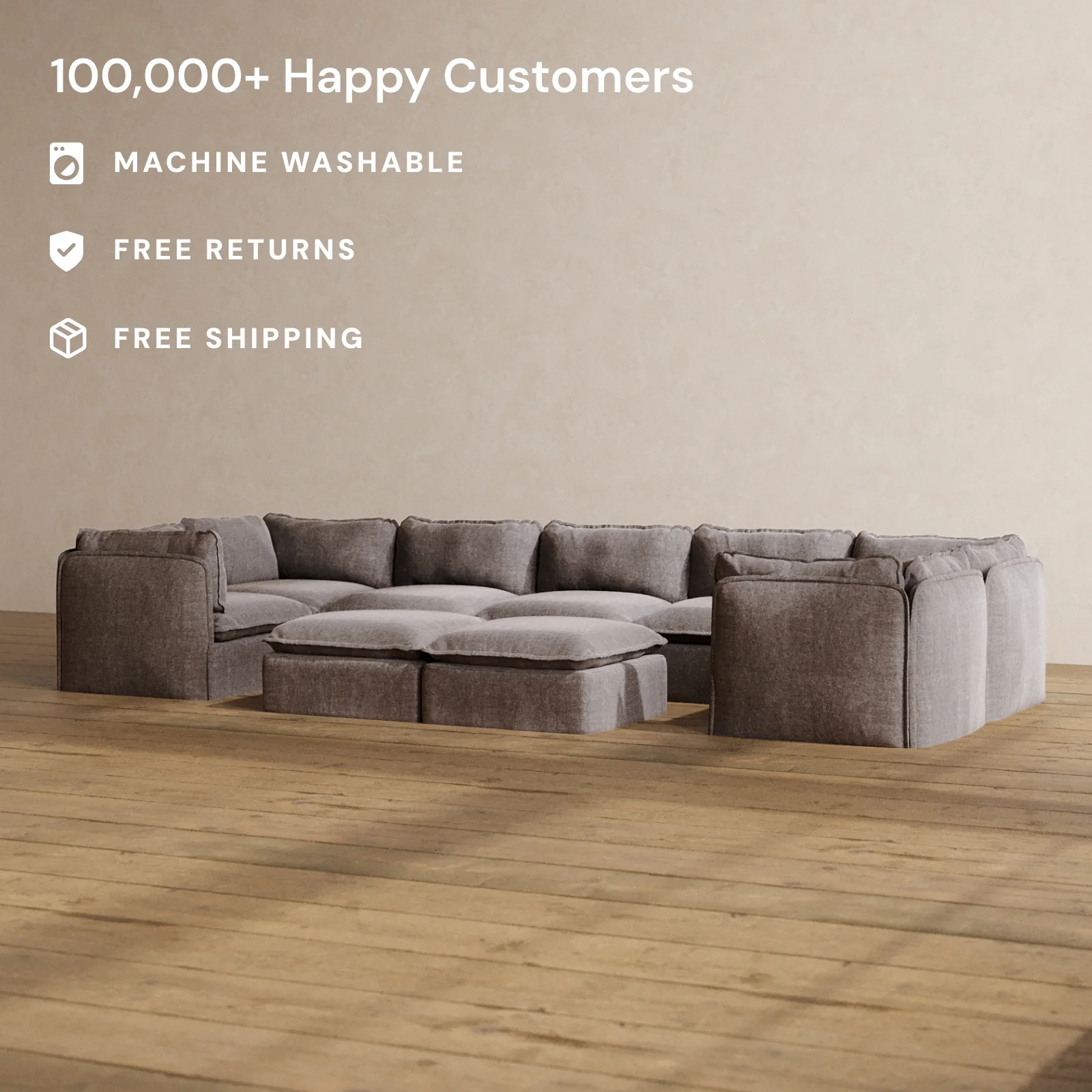 Slipcover Only - Modular Washable 7-Seater U-Sectional + Bench Ottoman in Caviar - Image 2