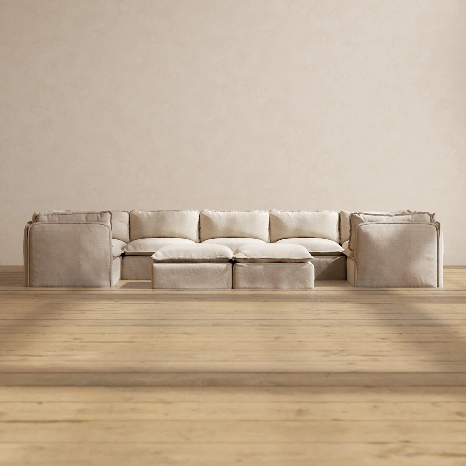 Slipcover Only - Modular Washable 7-Seater U-Sectional + Bench Ottoman in Oat
