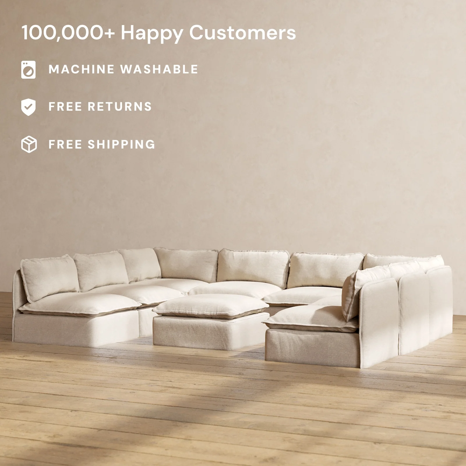 Slipcover Only - Modular Washable 8-Seater Open-Ends U-Sectional + Ottoman in Oat - Image 2